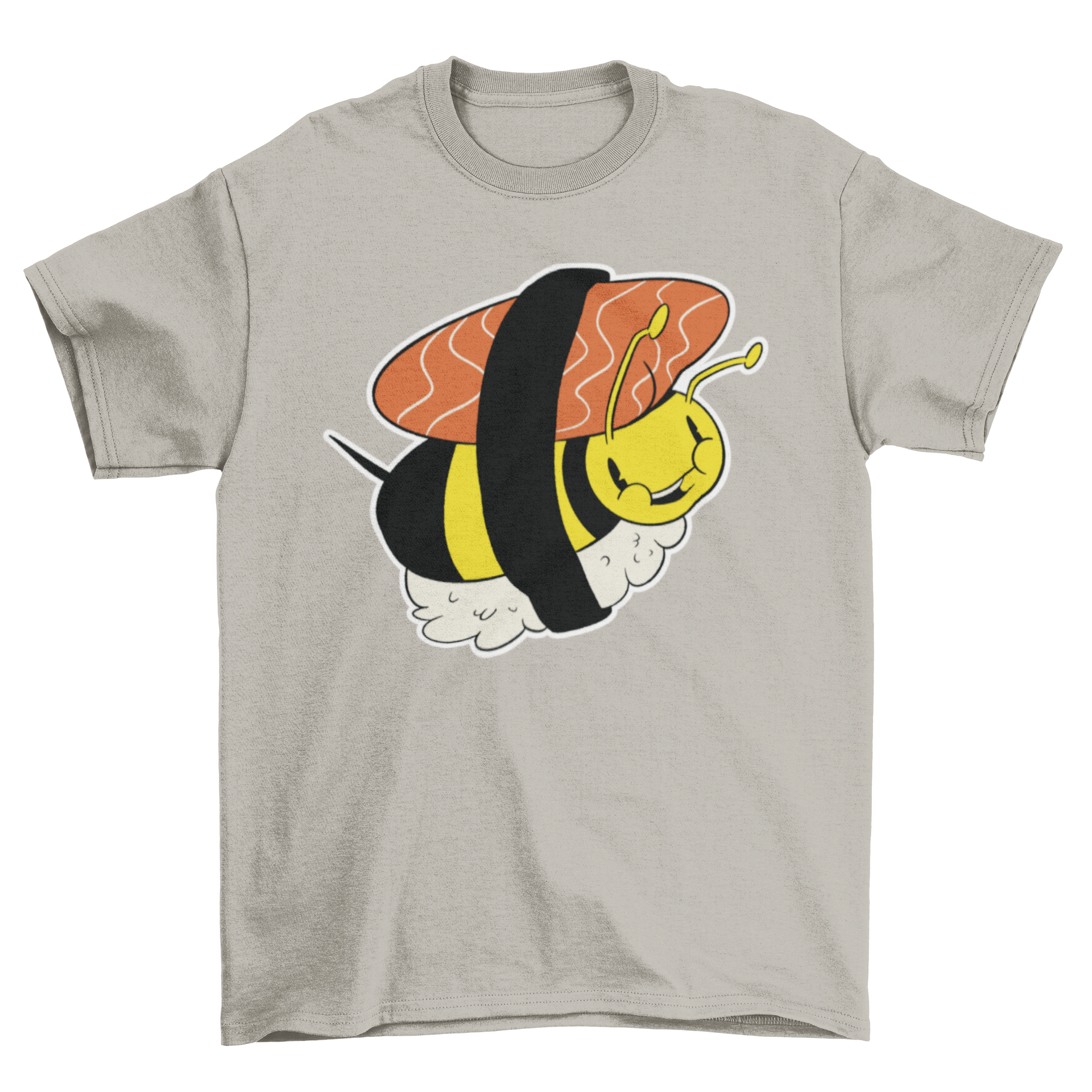 A humorous cartoon t-shirt featuring a bee designed as a sushi roll, showcasing vibrant colors and a playful style.