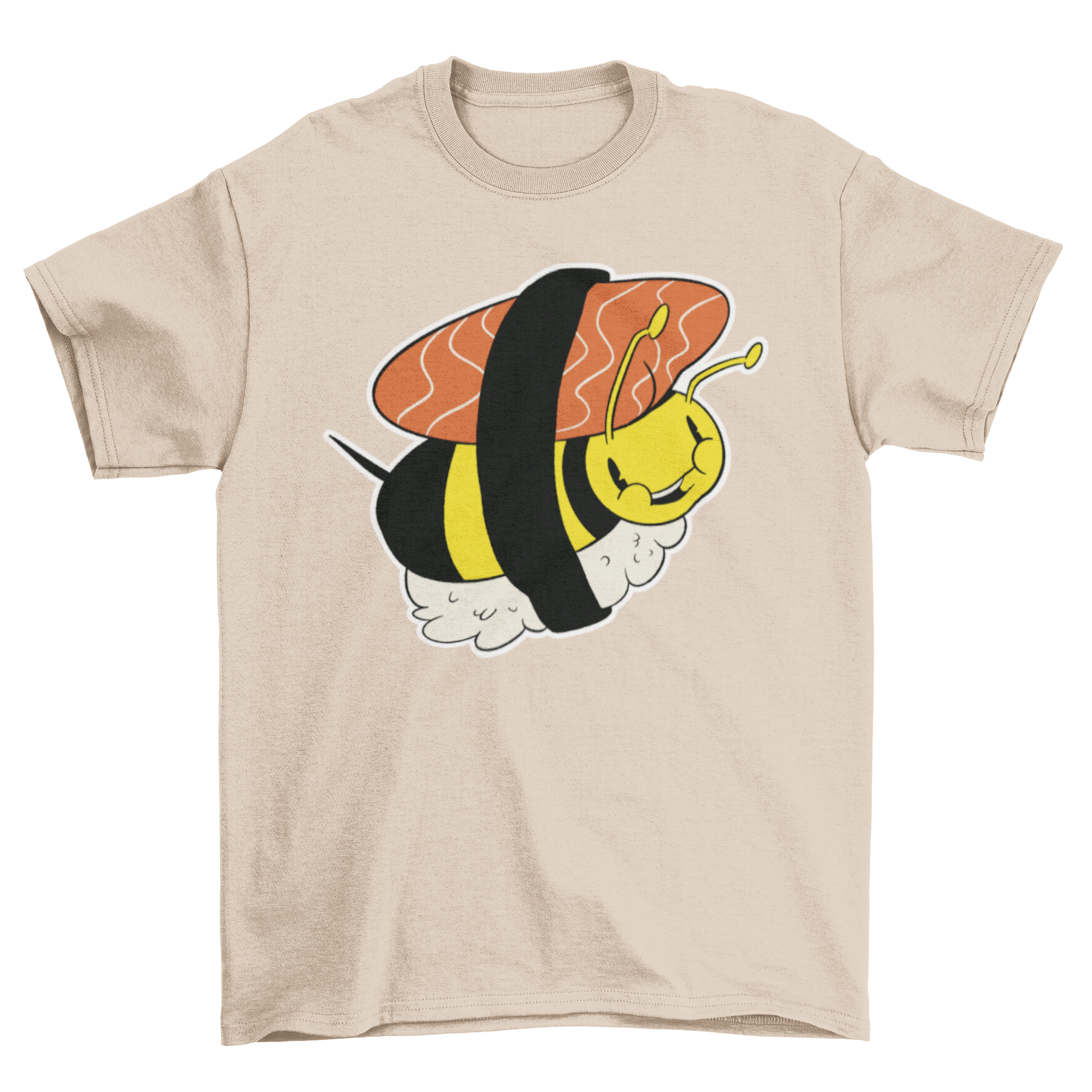 A humorous cartoon t-shirt featuring a bee designed as a sushi roll, showcasing vibrant colors and a playful style.