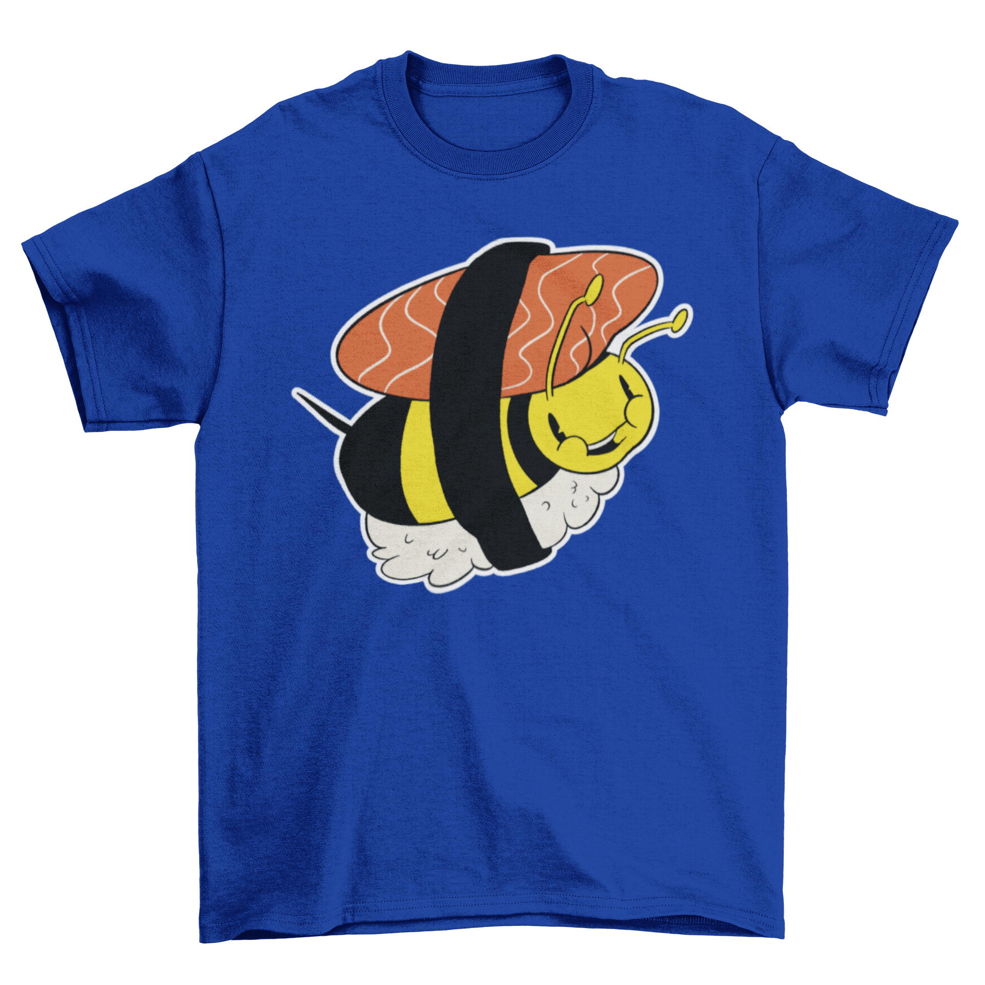 A humorous cartoon t-shirt featuring a bee designed as a sushi roll, showcasing vibrant colors and a playful style.