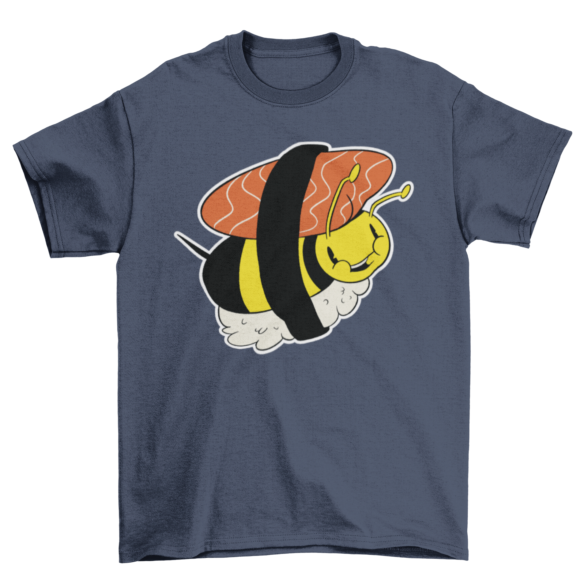 A humorous cartoon t-shirt featuring a bee designed as a sushi roll, showcasing vibrant colors and a playful style.