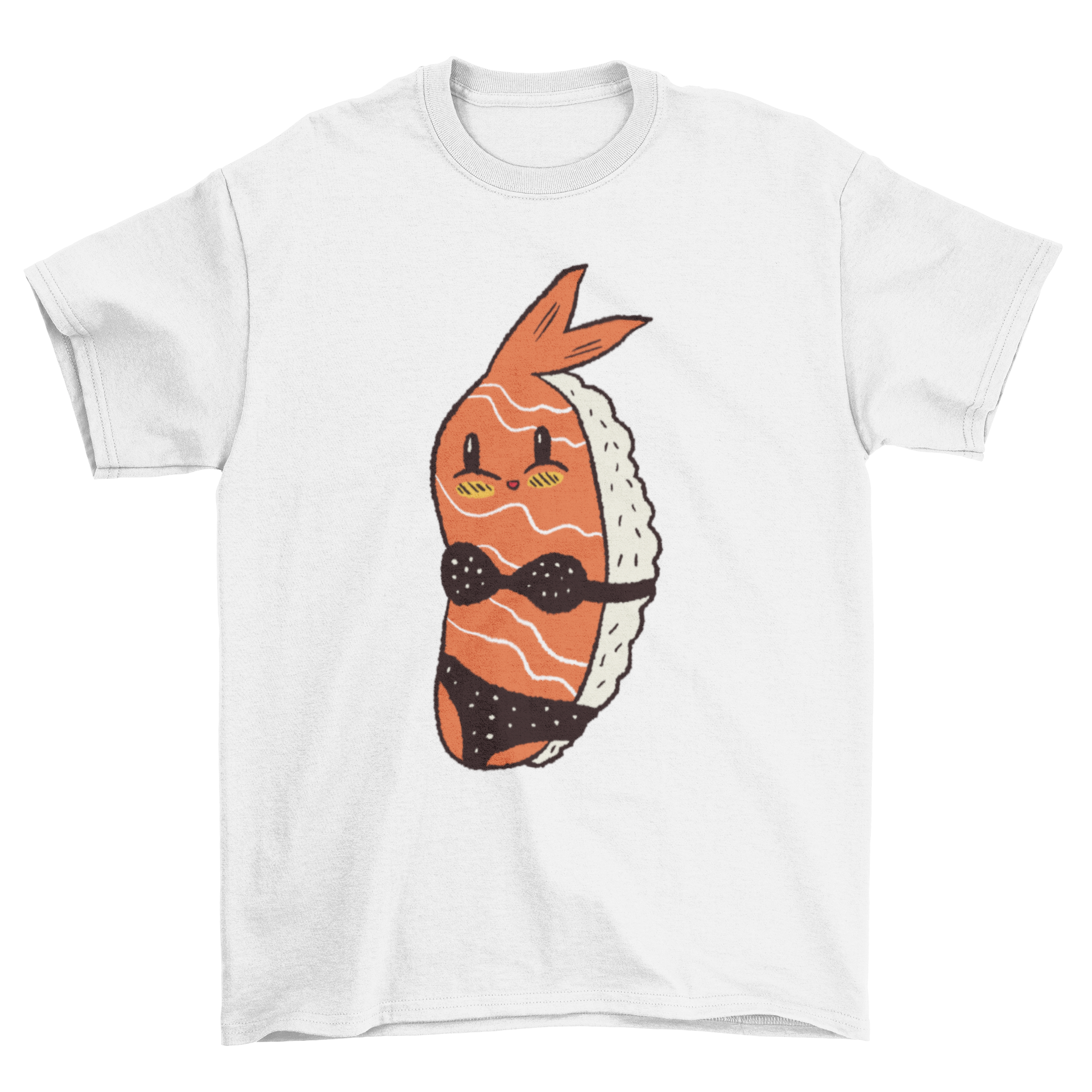 A playful t-shirt featuring a piece of sushi wearing a colorful bikini, perfect for sushi lovers.