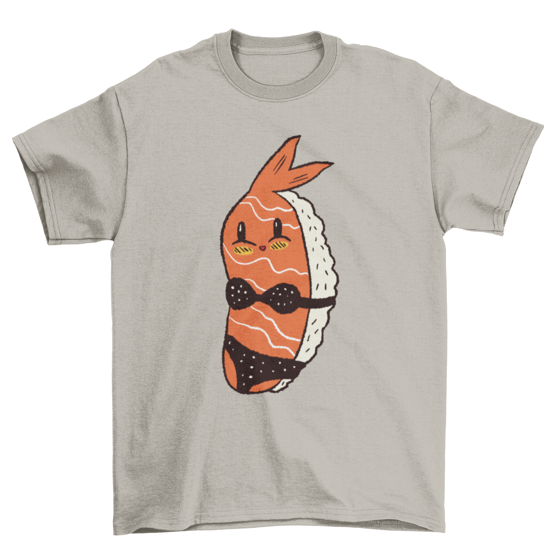 A playful t-shirt featuring a piece of sushi wearing a colorful bikini, perfect for sushi lovers.