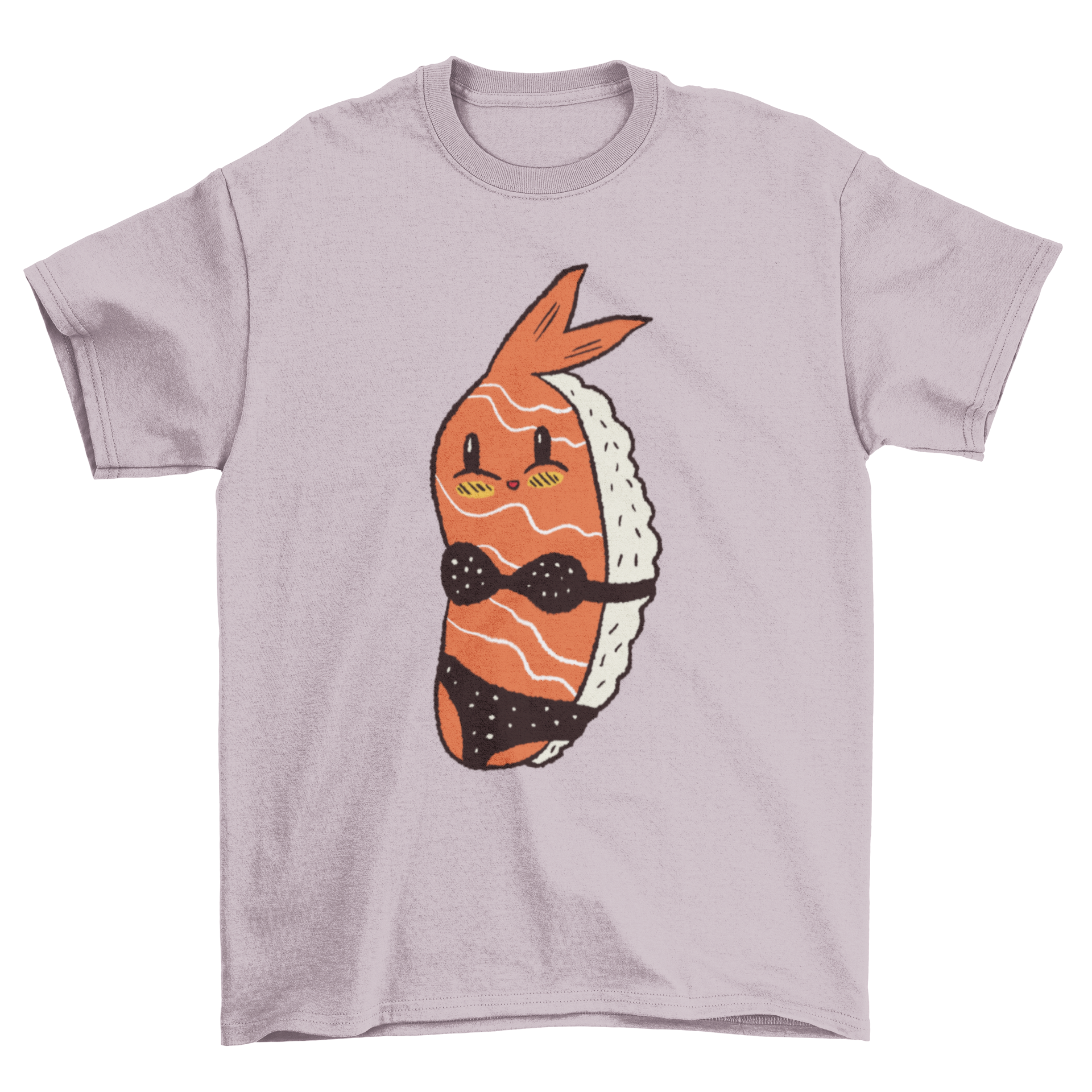 A playful t-shirt featuring a piece of sushi wearing a colorful bikini, perfect for sushi lovers.