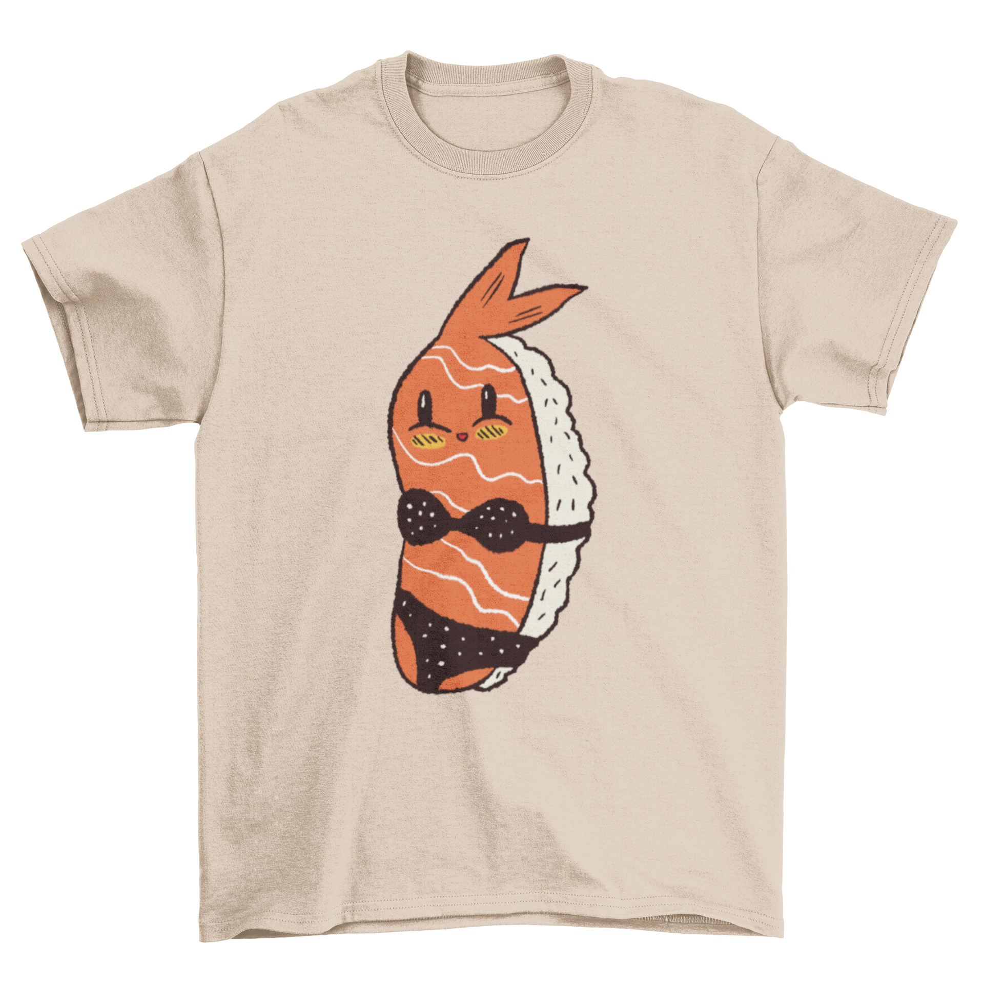 A playful t-shirt featuring a piece of sushi wearing a colorful bikini, perfect for sushi lovers.