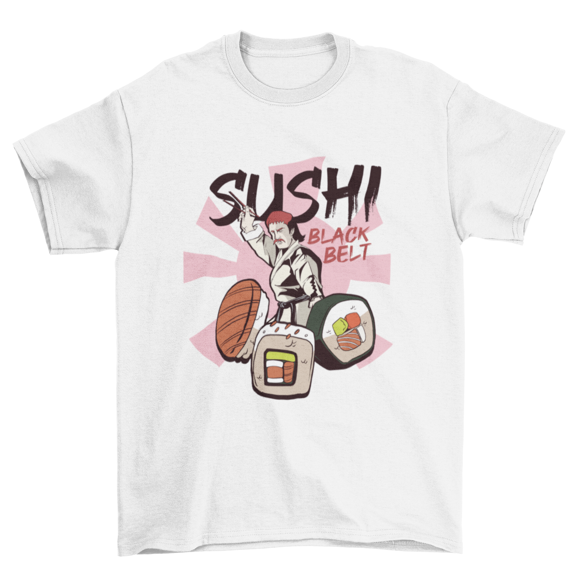 A humorous t-shirt featuring a sushi master in a karate gi with sushi pieces and the quote 'SUSHI BLACK BELT'.