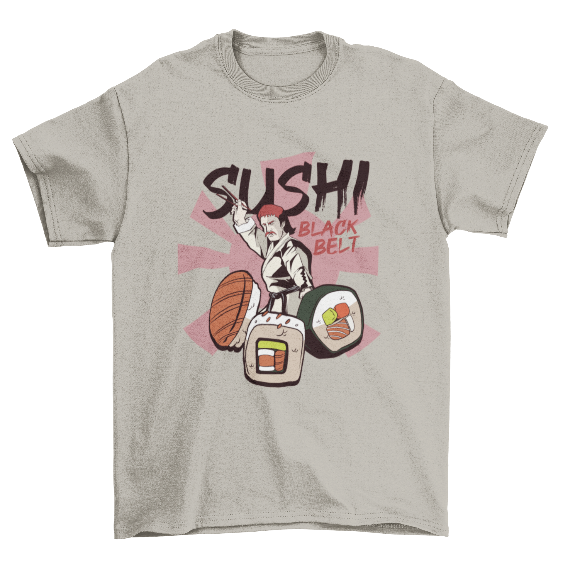 A humorous t-shirt featuring a sushi master in a karate gi with sushi pieces and the quote 'SUSHI BLACK BELT'.