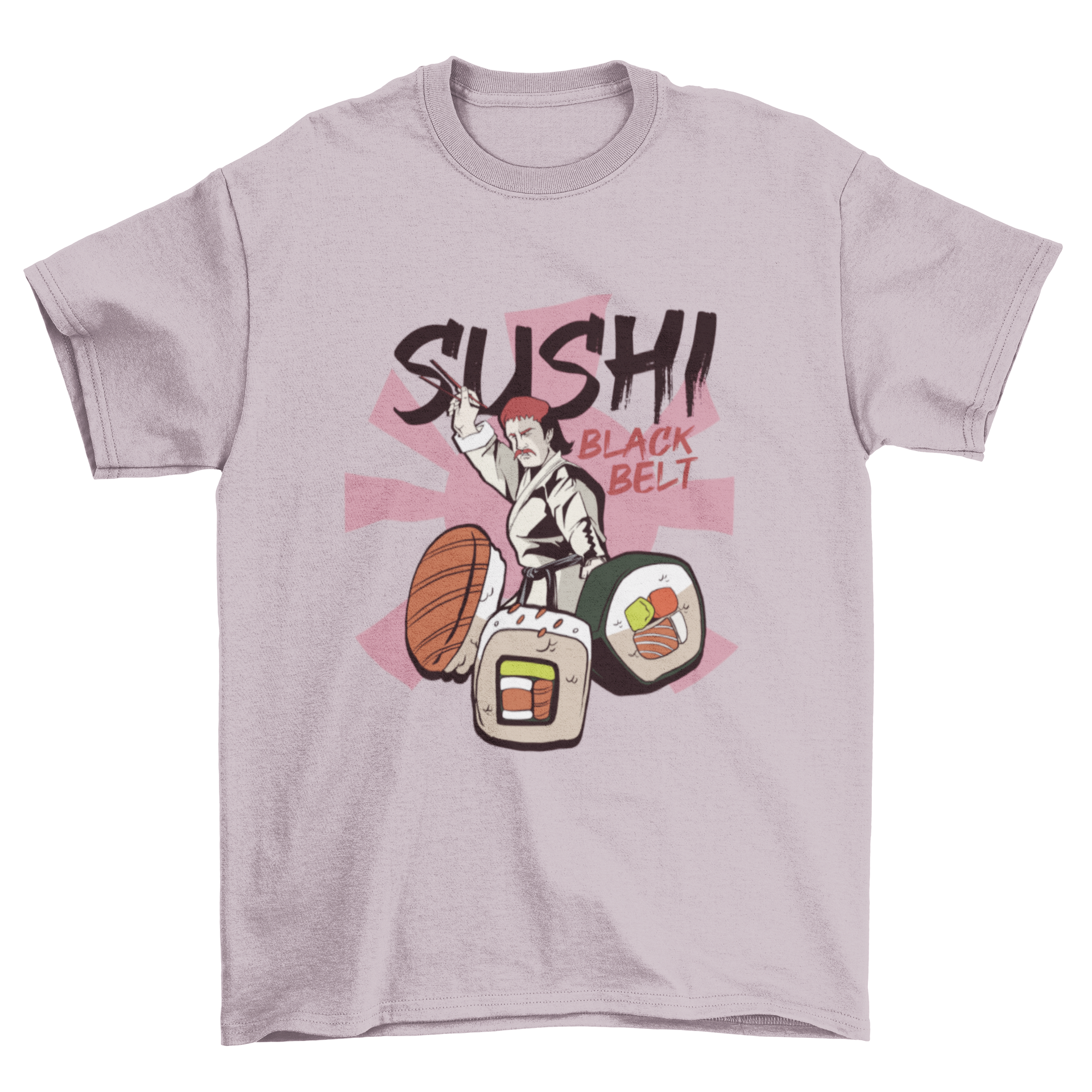 A humorous t-shirt featuring a sushi master in a karate gi with sushi pieces and the quote 'SUSHI BLACK BELT'.