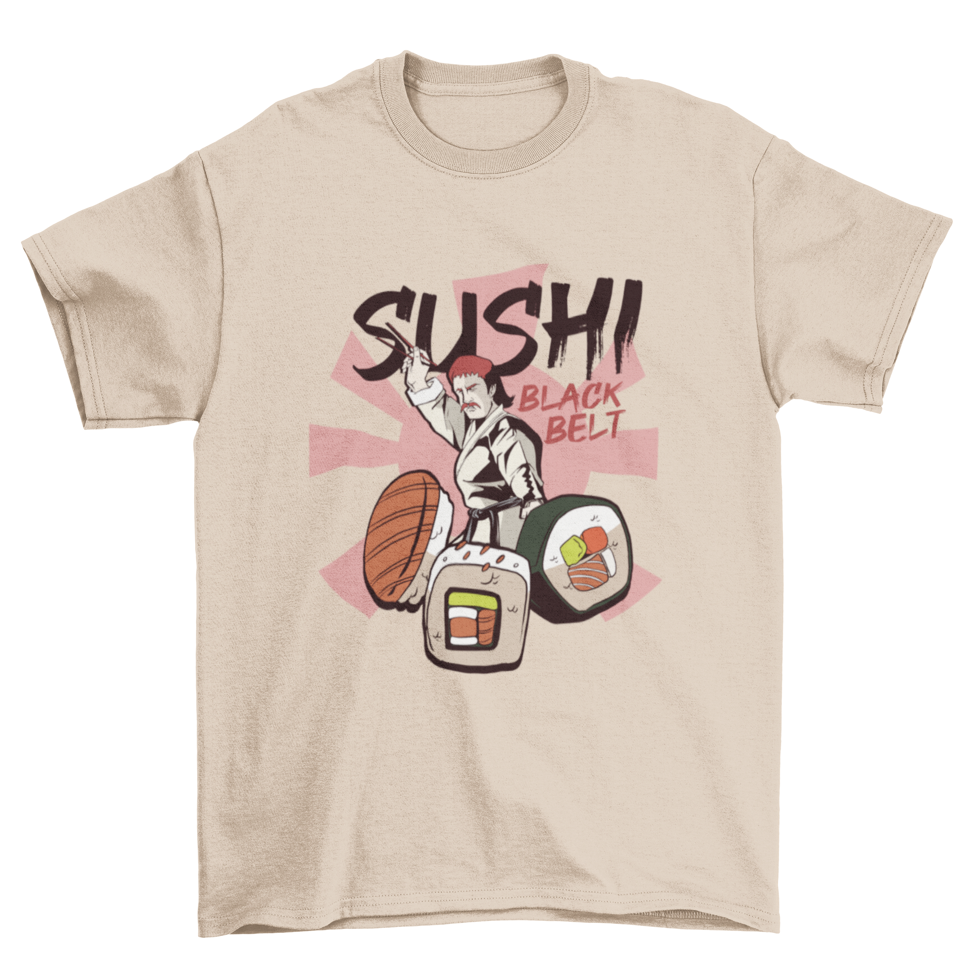 A humorous t-shirt featuring a sushi master in a karate gi with sushi pieces and the quote 'SUSHI BLACK BELT'.