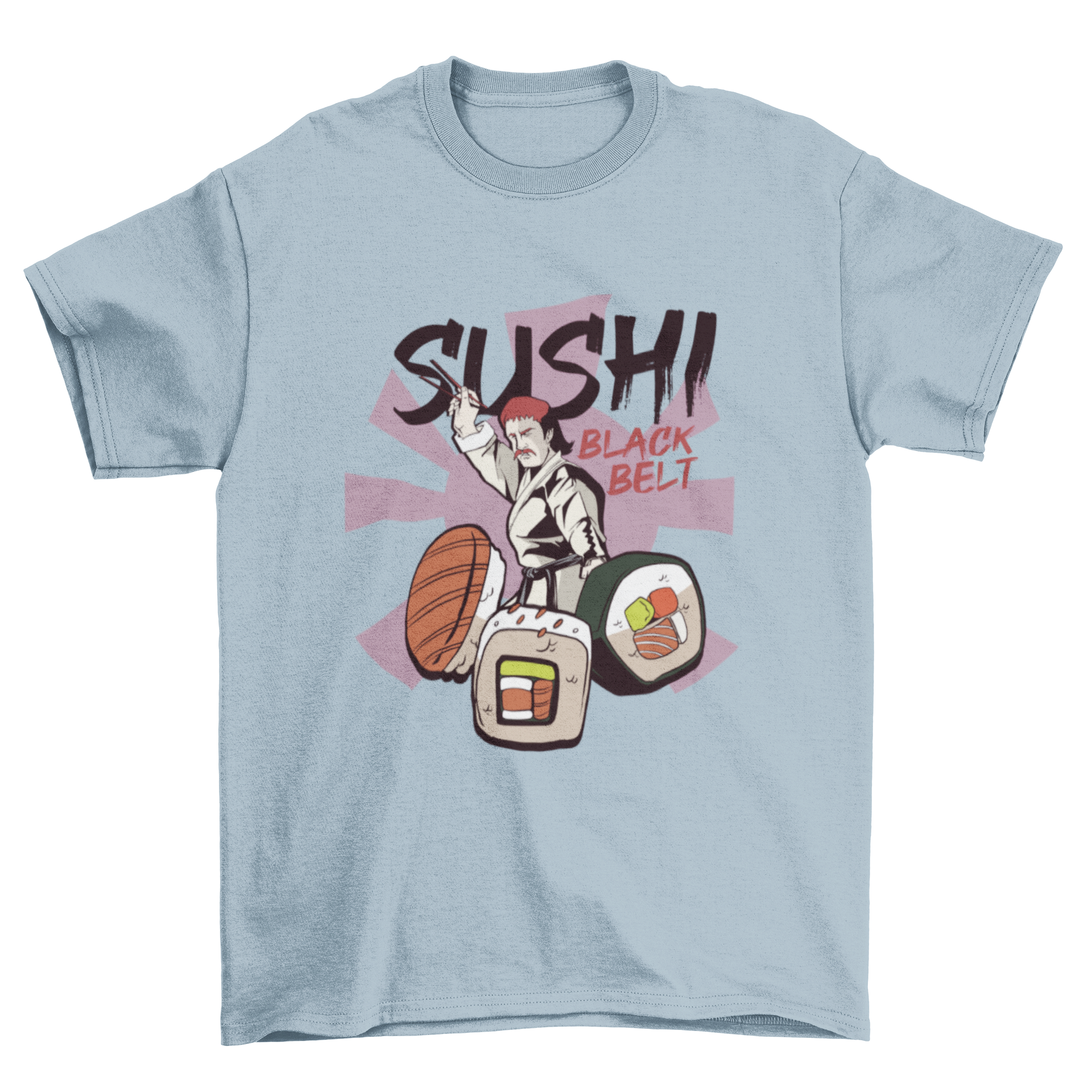 A humorous t-shirt featuring a sushi master in a karate gi with sushi pieces and the quote 'SUSHI BLACK BELT'.