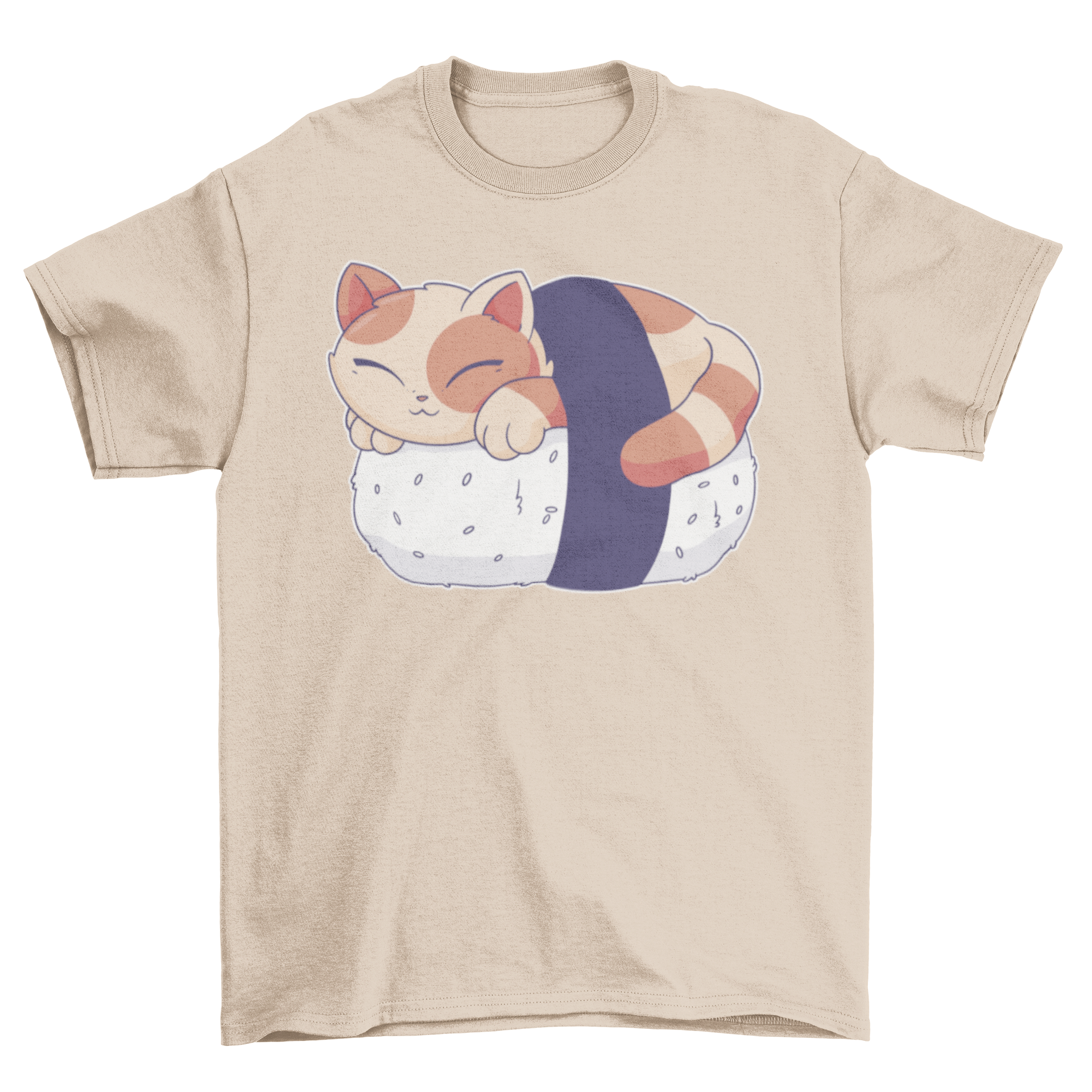 A cute t-shirt featuring a cat sleeping on a sushi piece, showcasing a playful and whimsical design.