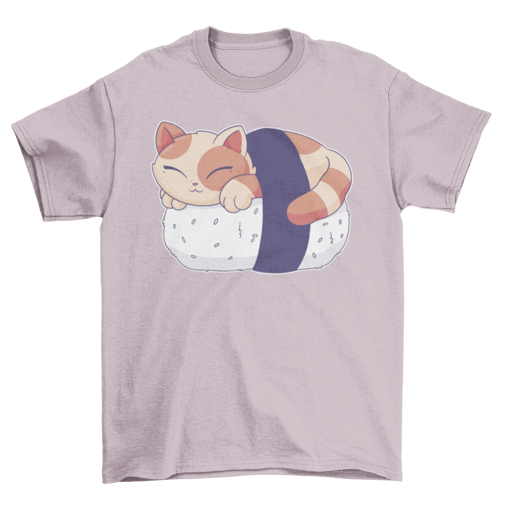 A cute t-shirt featuring a cat sleeping on a sushi piece, showcasing a playful and whimsical design.