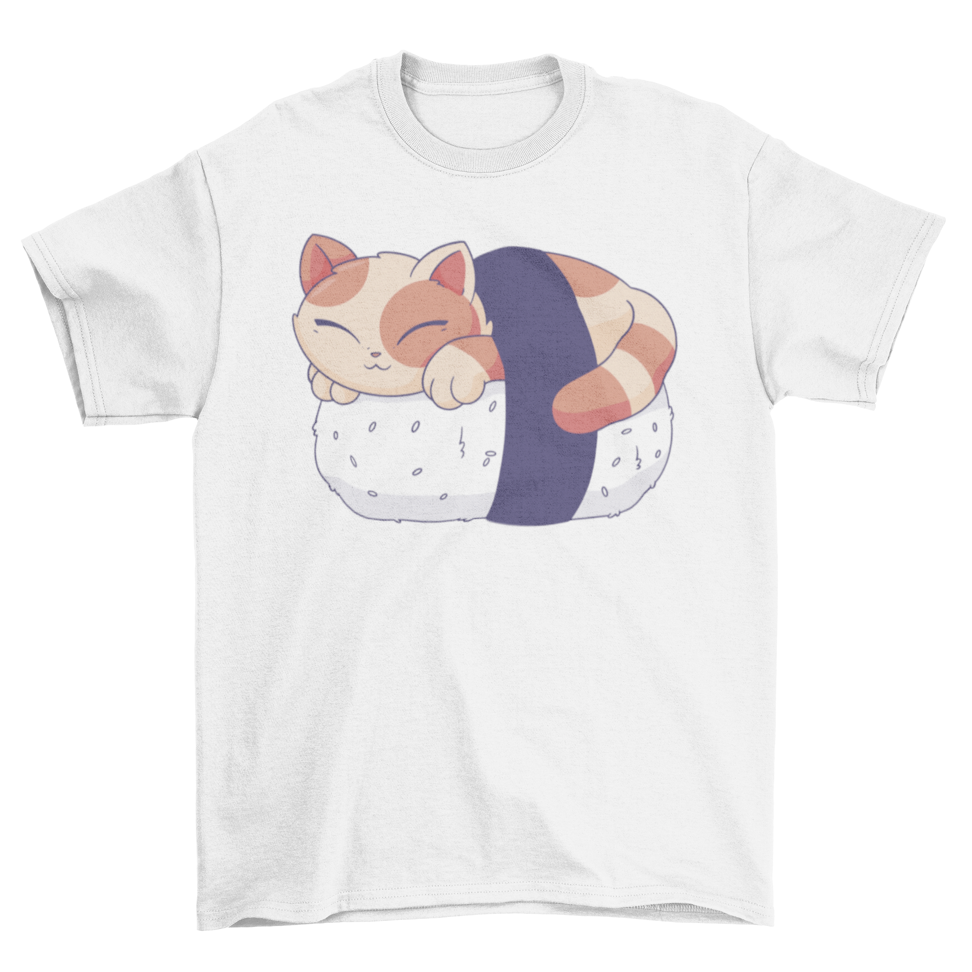 A cute t-shirt featuring a cat sleeping on a sushi piece, showcasing a playful and whimsical design.