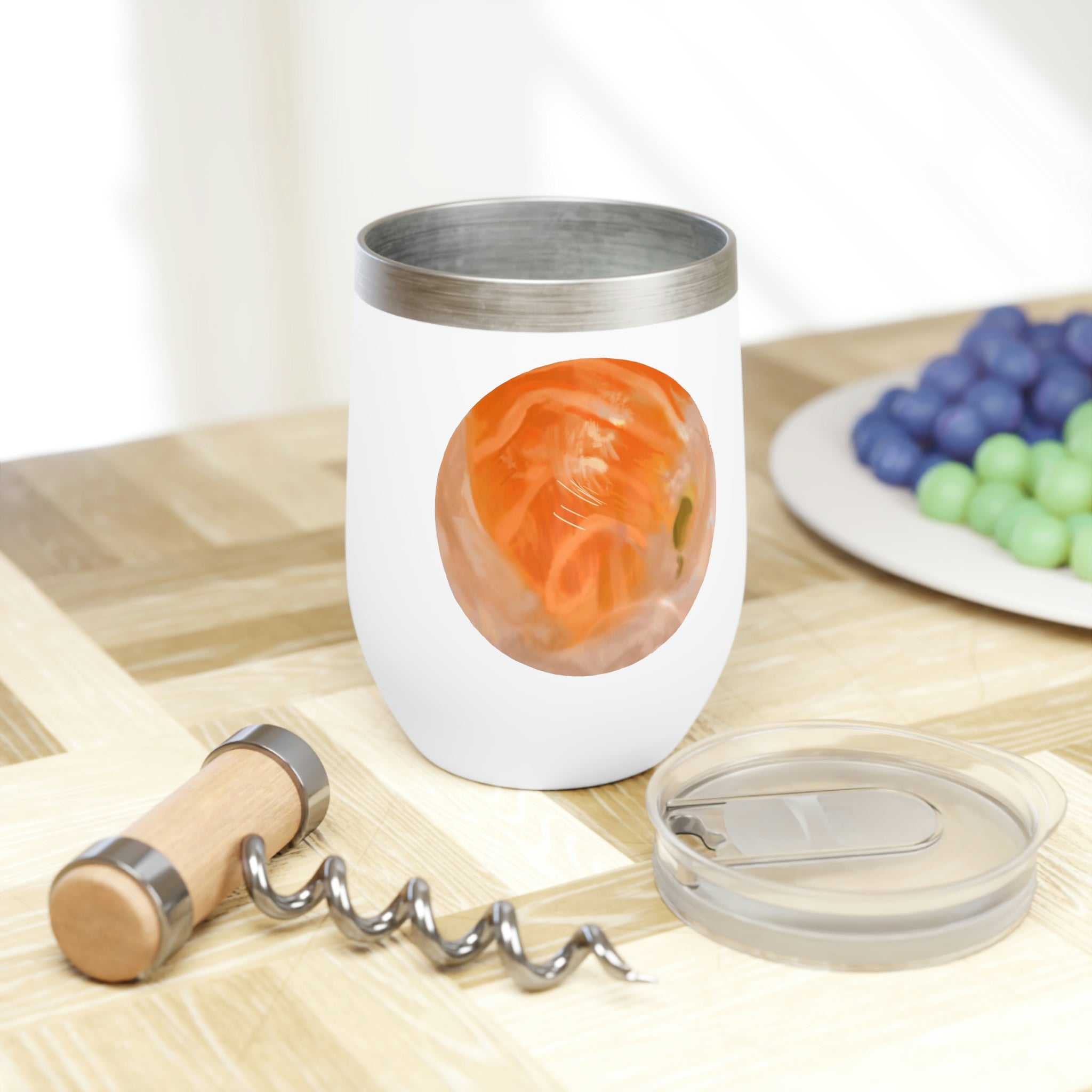 Sushi Chill Wine Tumbler in stainless steel with customizable design, showcasing its double-insulated walls and stemless shape.