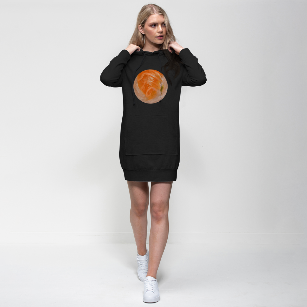 Sushi Premium Adult Hoodie Dress featuring a relaxed fit, hood with drawstring, and kangaroo pouch pocket, made from soft cotton blend fabric.