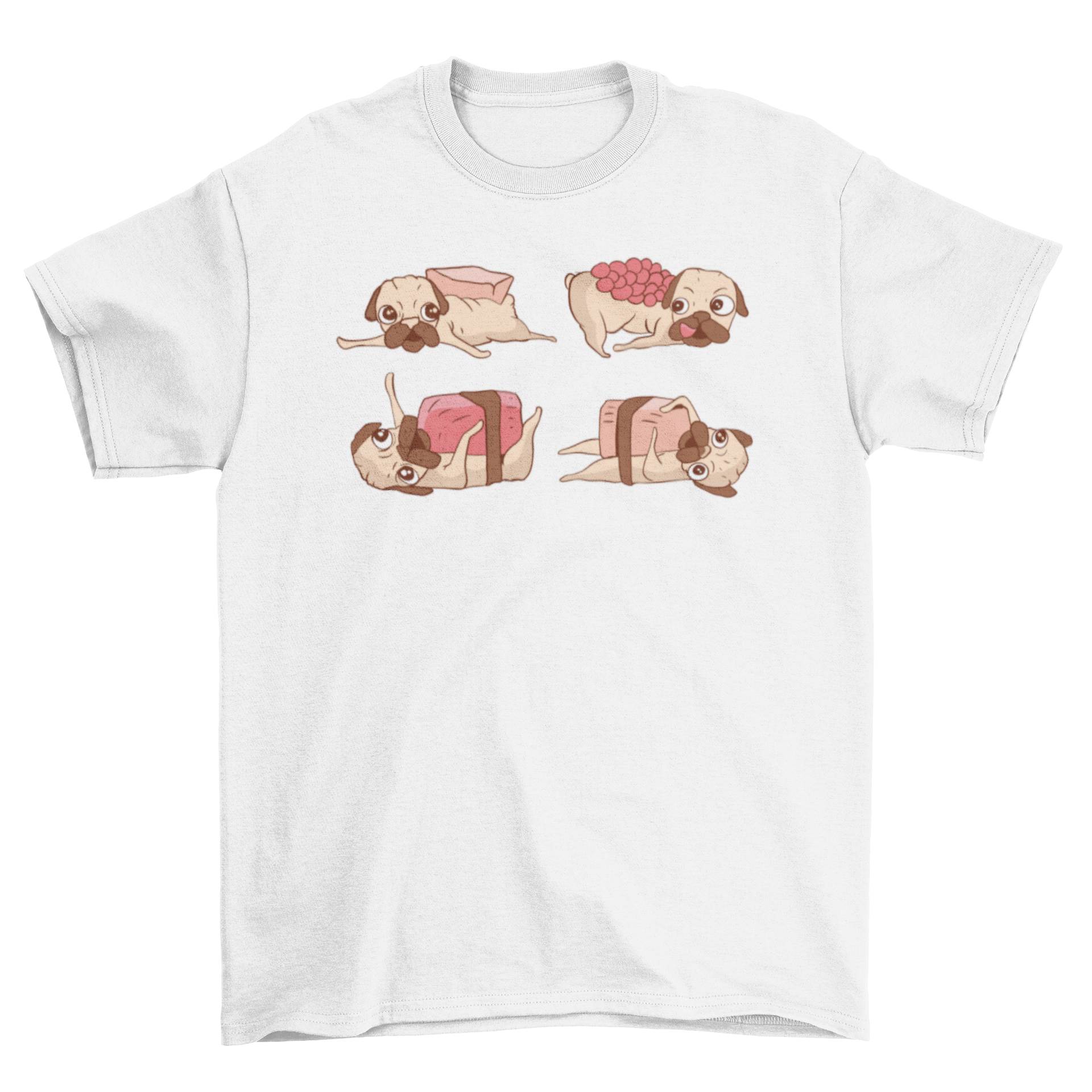 A humorous t-shirt featuring an illustration of four cute sushi pugs, showcasing their playful and whimsical design.