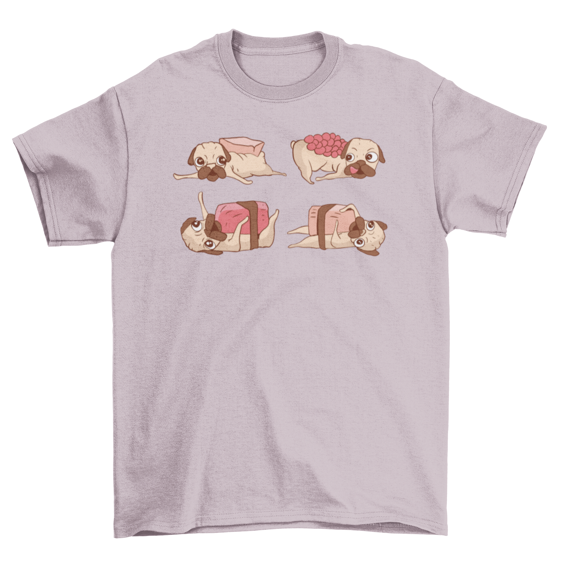 A humorous t-shirt featuring an illustration of four cute sushi pugs, showcasing their playful and whimsical design.