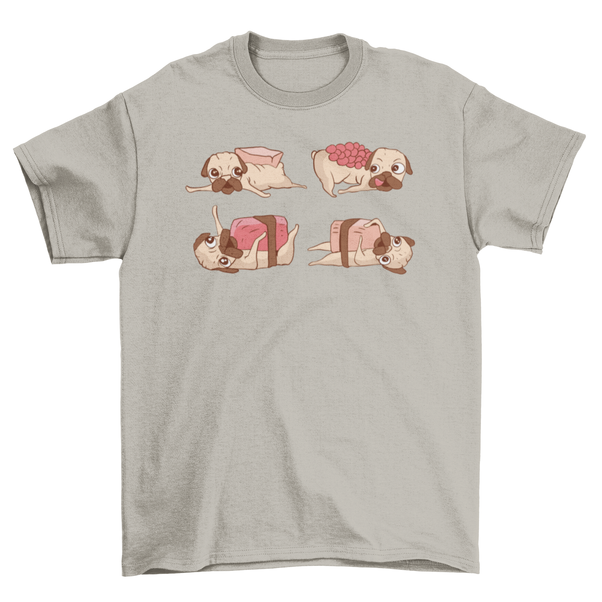 A humorous t-shirt featuring an illustration of four cute sushi pugs, showcasing their playful and whimsical design.