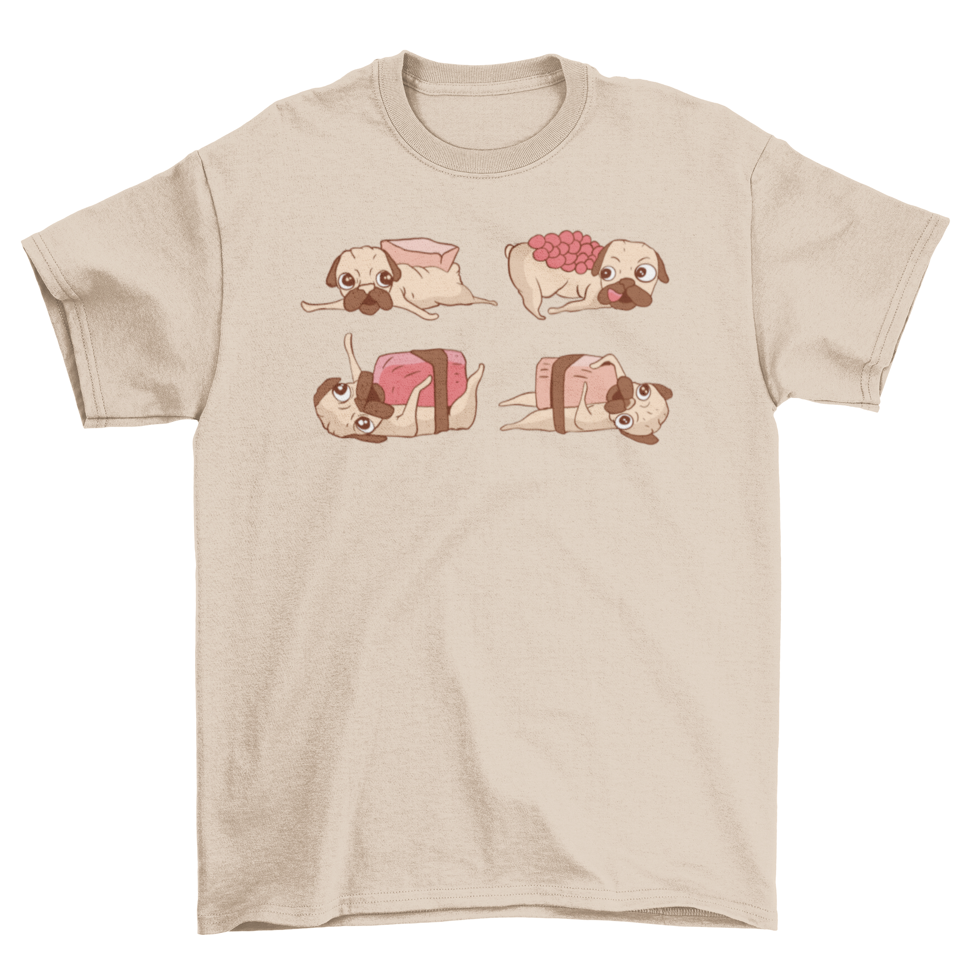 A humorous t-shirt featuring an illustration of four cute sushi pugs, showcasing their playful and whimsical design.