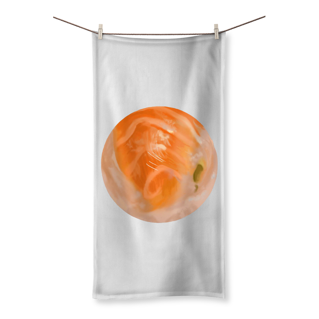 Sushi Sublimation All Over Towel featuring vibrant designs on a polyester front and soft cotton back, available in multiple sizes.