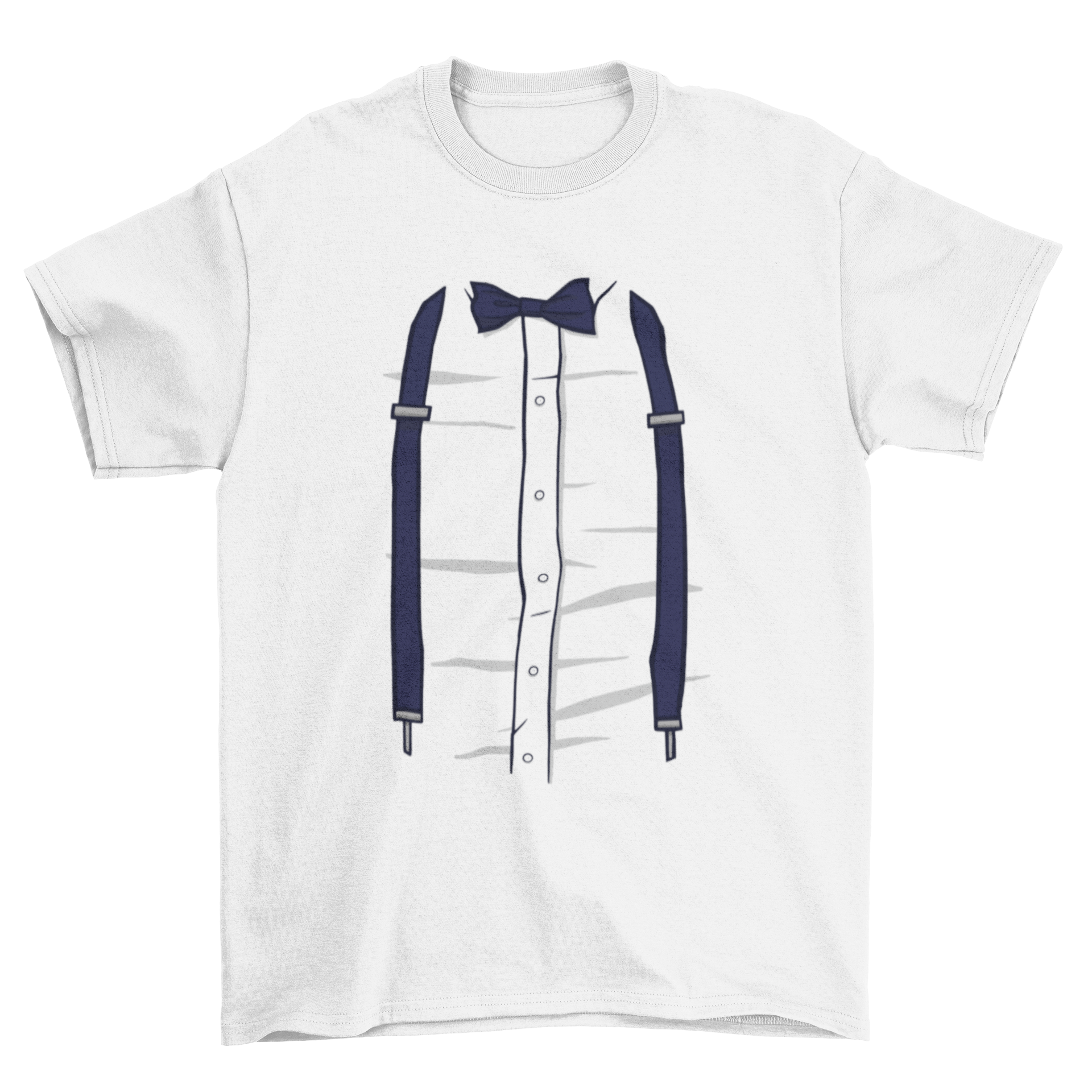 A humorous T-shirt featuring a graphic design of a shirt with a bow tie and suspenders, perfect for casual wear.