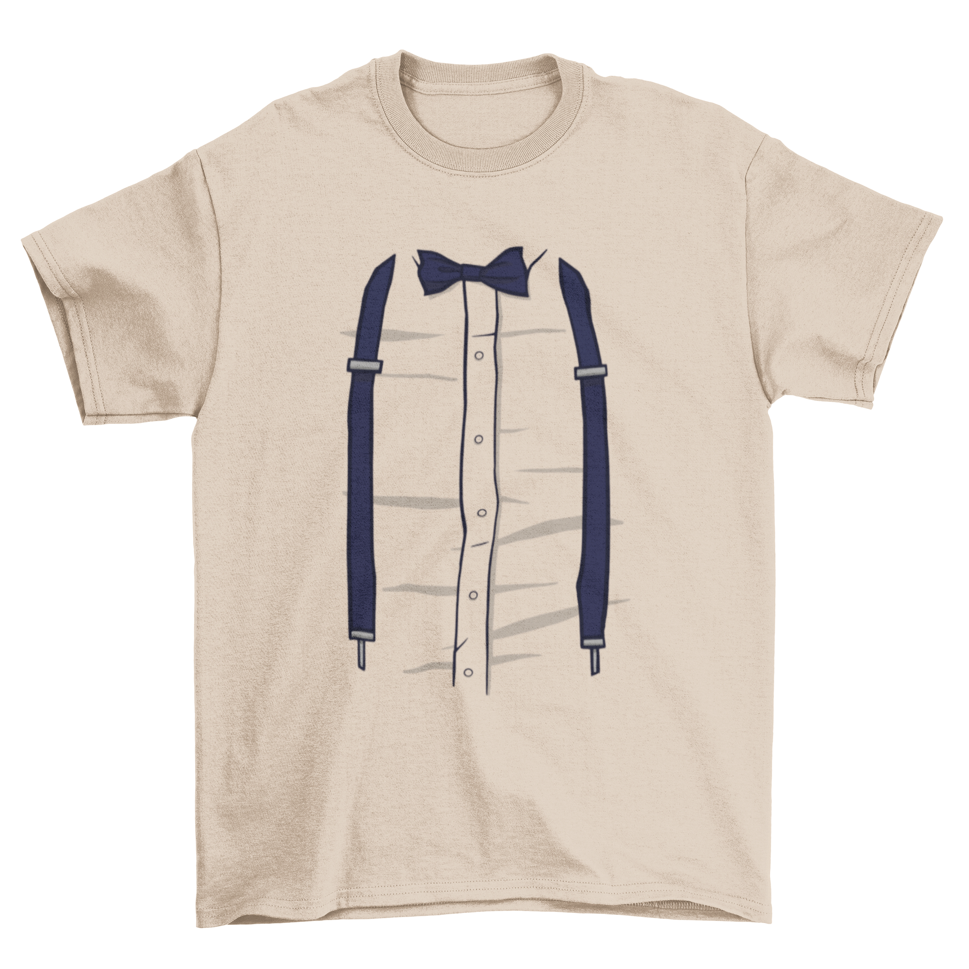 A humorous T-shirt featuring a graphic design of a shirt with a bow tie and suspenders, perfect for casual wear.