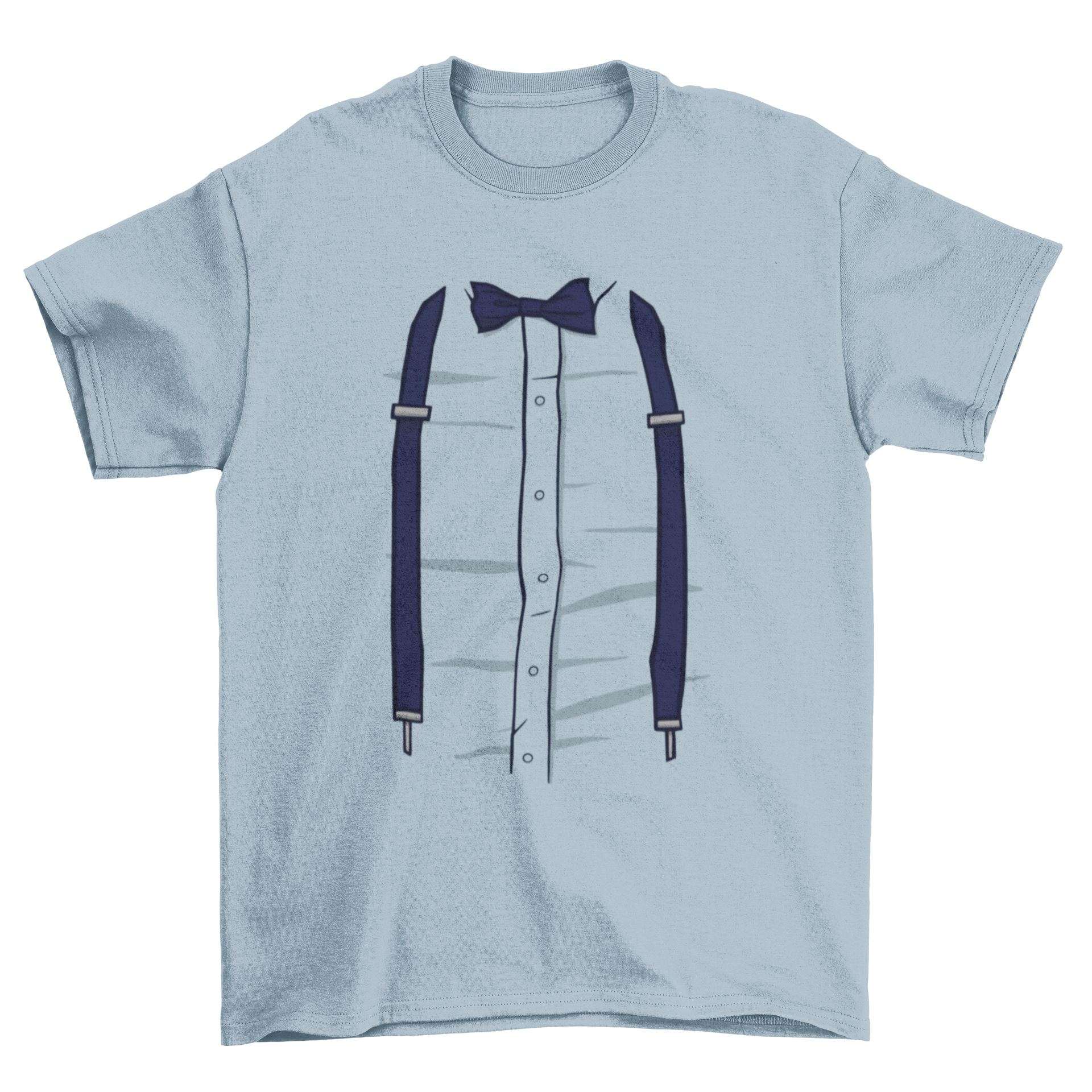 A humorous T-shirt featuring a graphic design of a shirt with a bow tie and suspenders, perfect for casual wear.