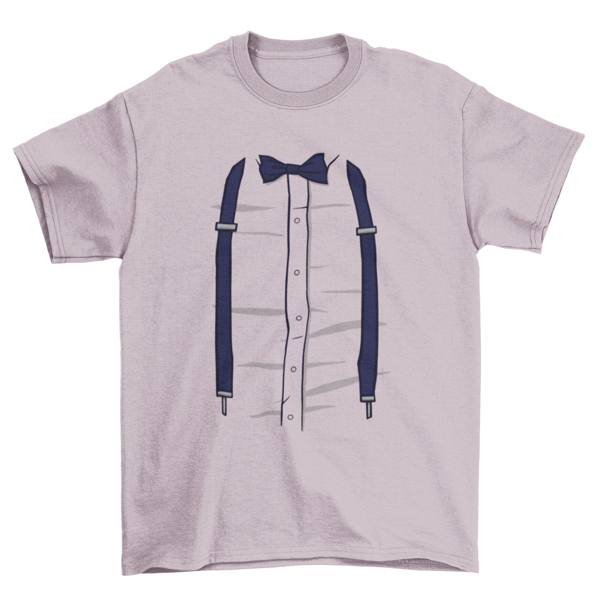 A humorous T-shirt featuring a graphic design of a shirt with a bow tie and suspenders, perfect for casual wear.