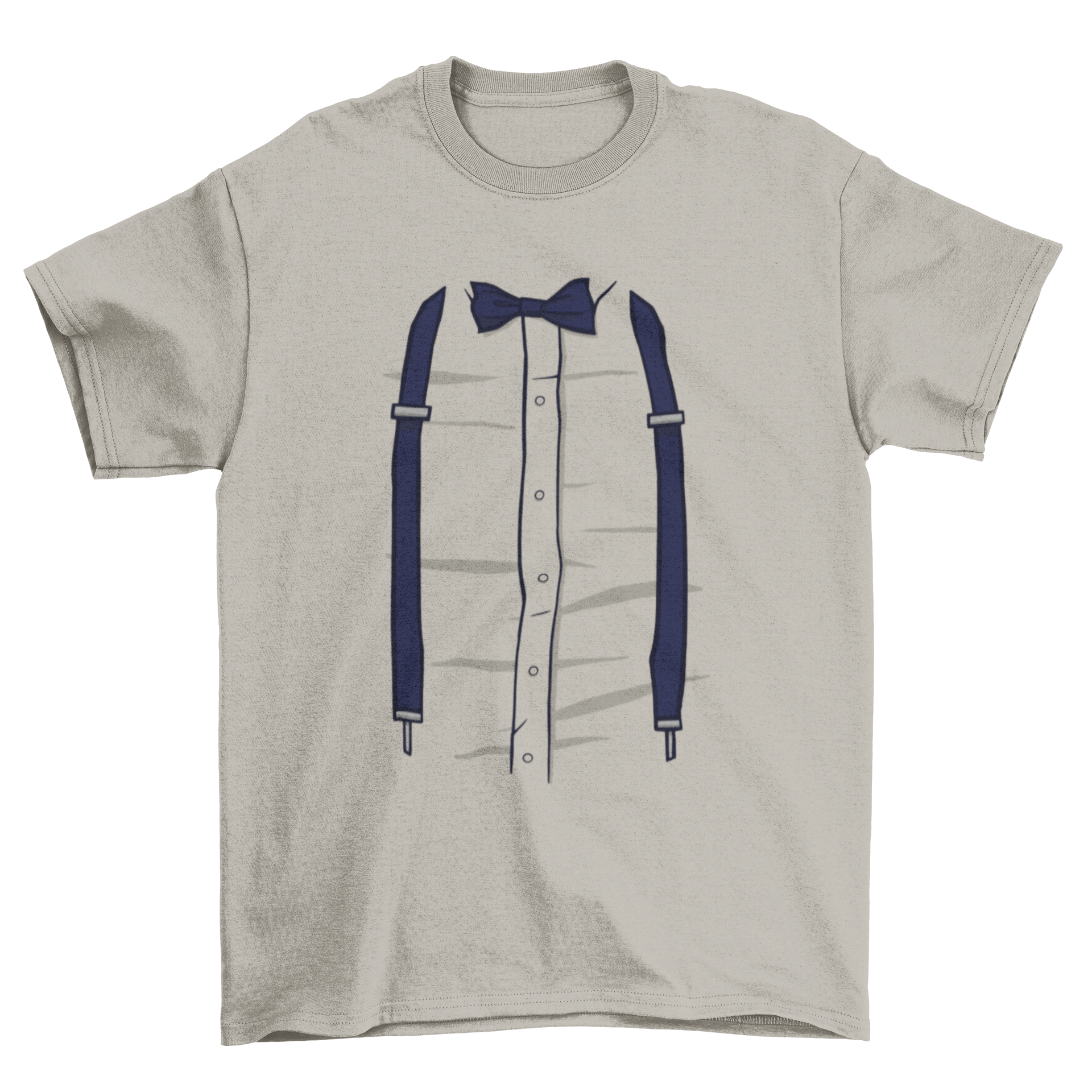 A humorous T-shirt featuring a graphic design of a shirt with a bow tie and suspenders, perfect for casual wear.