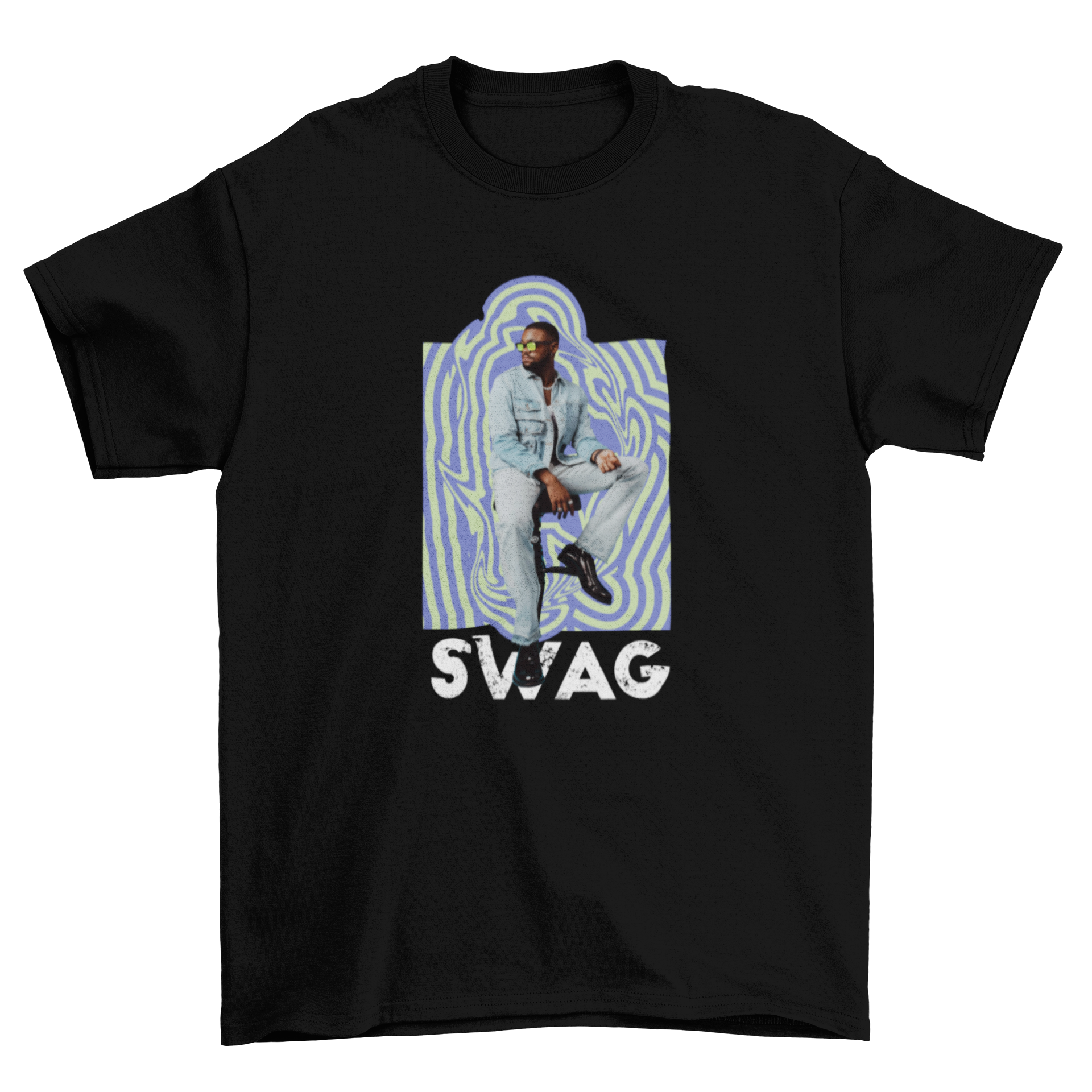 Swag Man Groovy T-Shirt featuring a denim-clad figure on a vibrant blue background with the word 'Swag'.