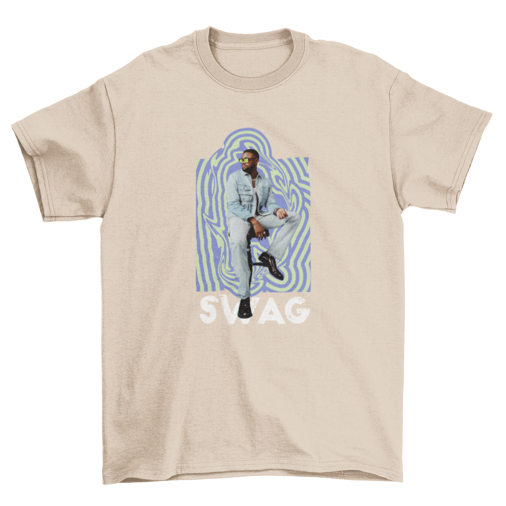 Swag Man Groovy T-Shirt featuring a denim-clad figure on a vibrant blue background with the word 'Swag'.