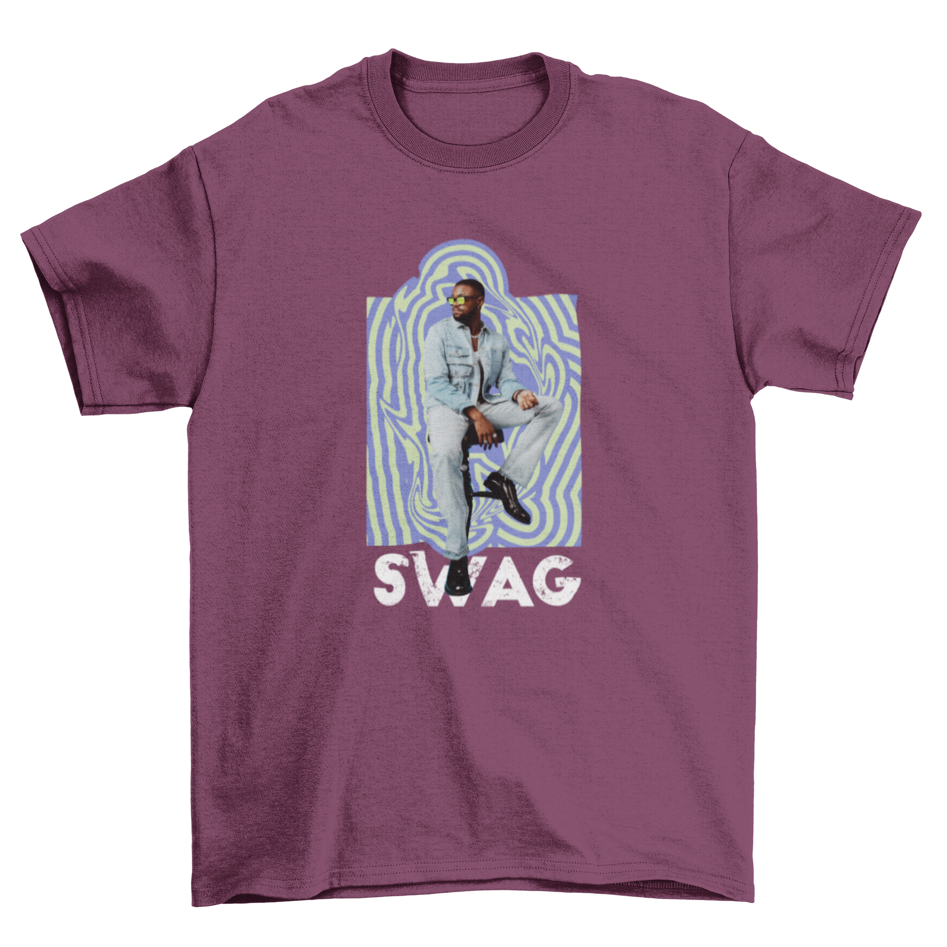 Swag Man Groovy T-Shirt featuring a denim-clad figure on a vibrant blue background with the word 'Swag'.