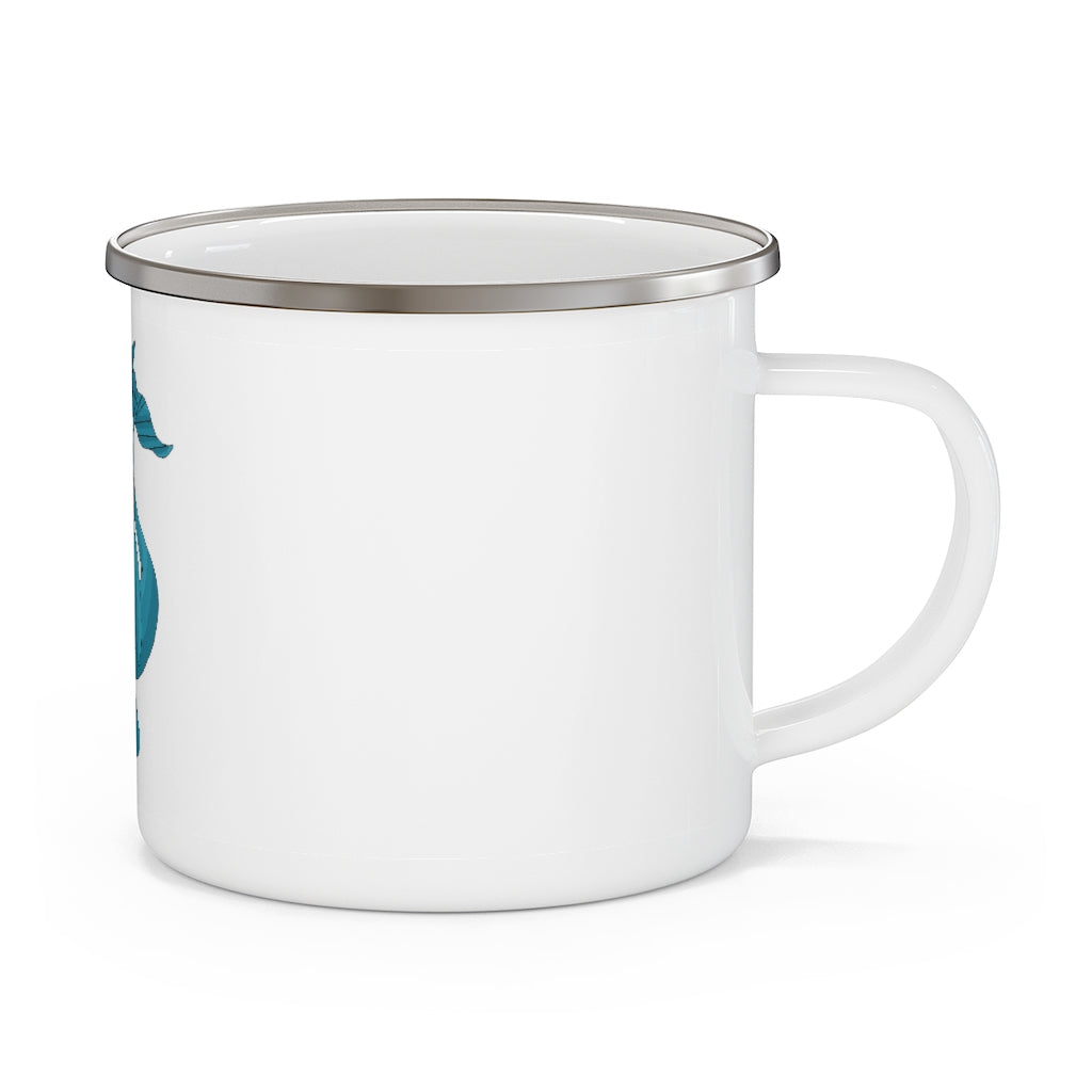 Swark Enamel Camping Mug in a natural outdoor setting, showcasing its durable design and customizable print options.