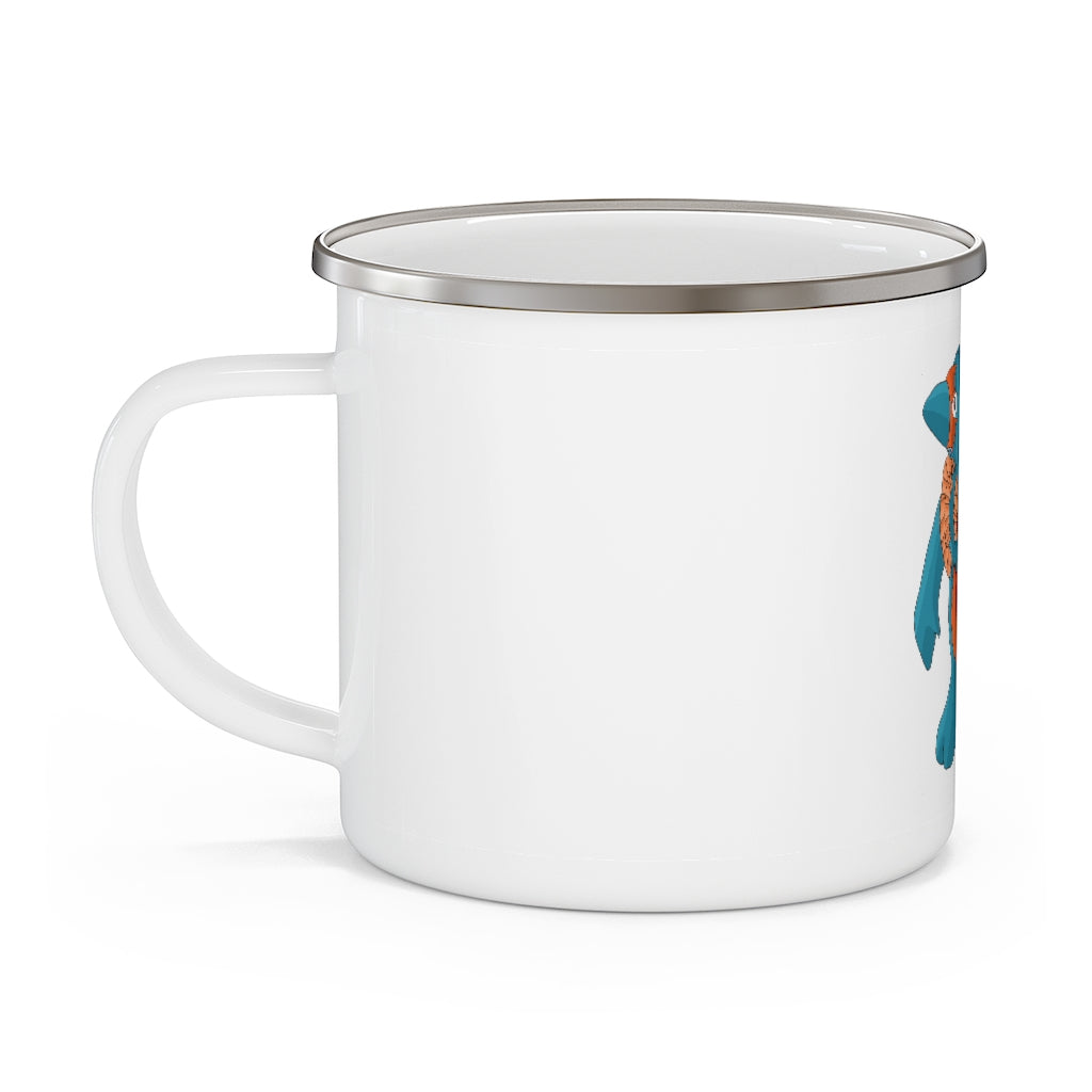 Swark Enamel Camping Mug in a natural outdoor setting, showcasing its durable design and customizable print options.