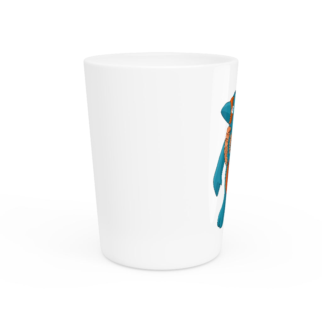 A personalized Swark shot glass with a white ceramic exterior and customizable design, available in white or black interior.