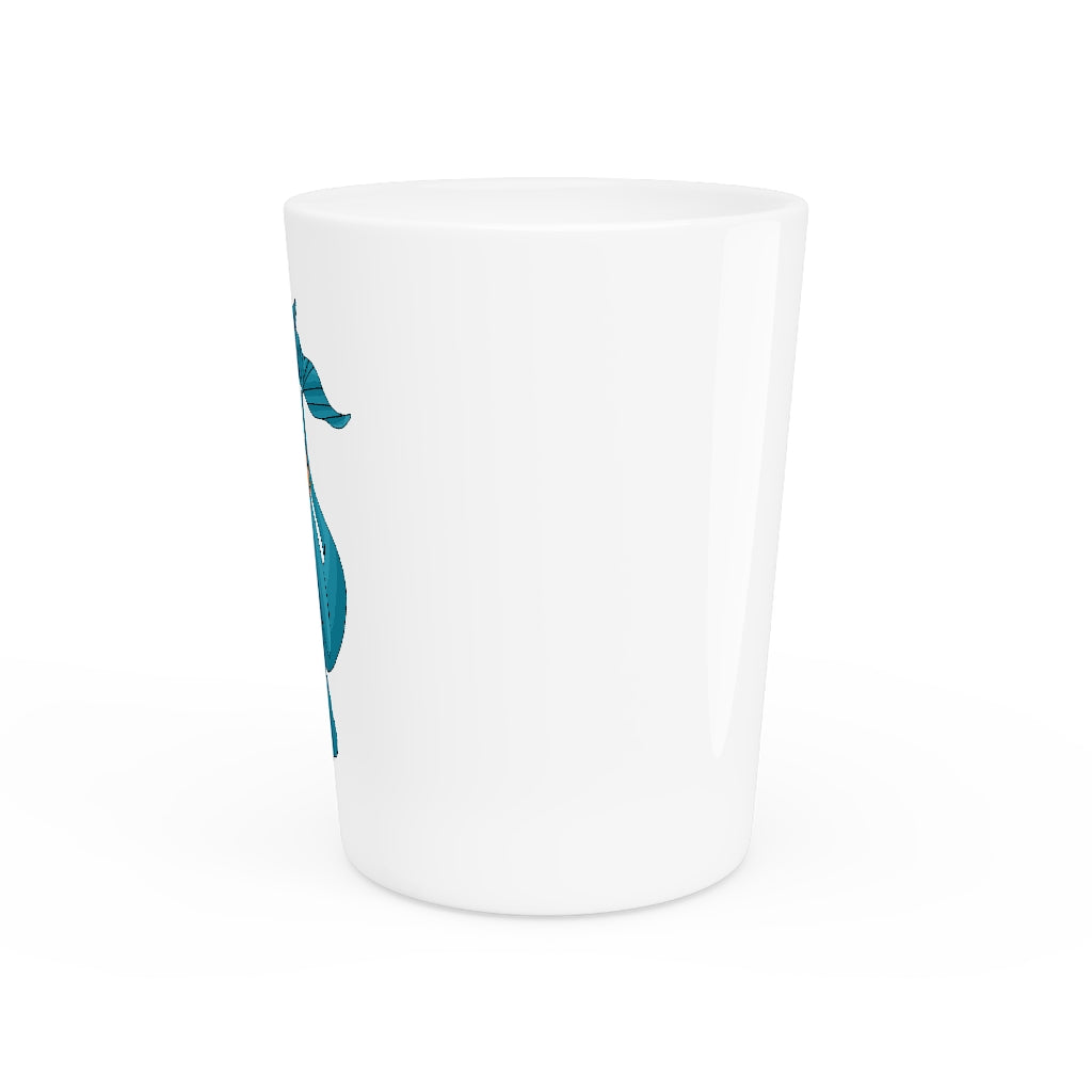 A personalized Swark shot glass with a white ceramic exterior and customizable design, available in white or black interior.