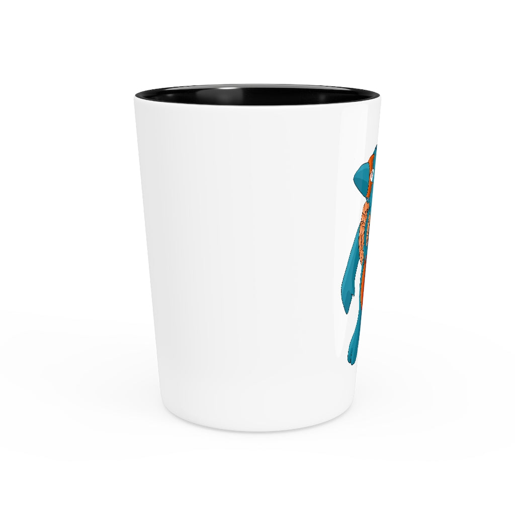 A personalized Swark shot glass with a white ceramic exterior and customizable design, available in white or black interior.