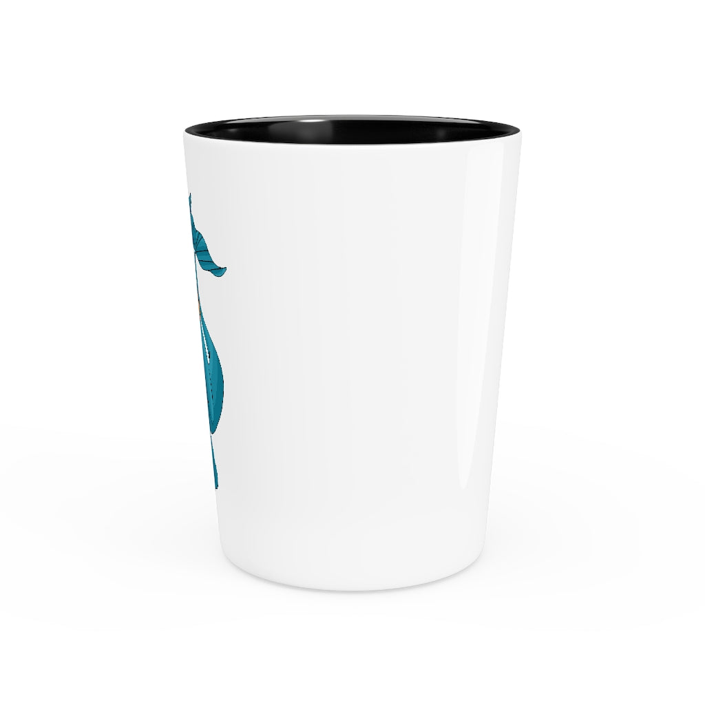 A personalized Swark shot glass with a white ceramic exterior and customizable design, available in white or black interior.