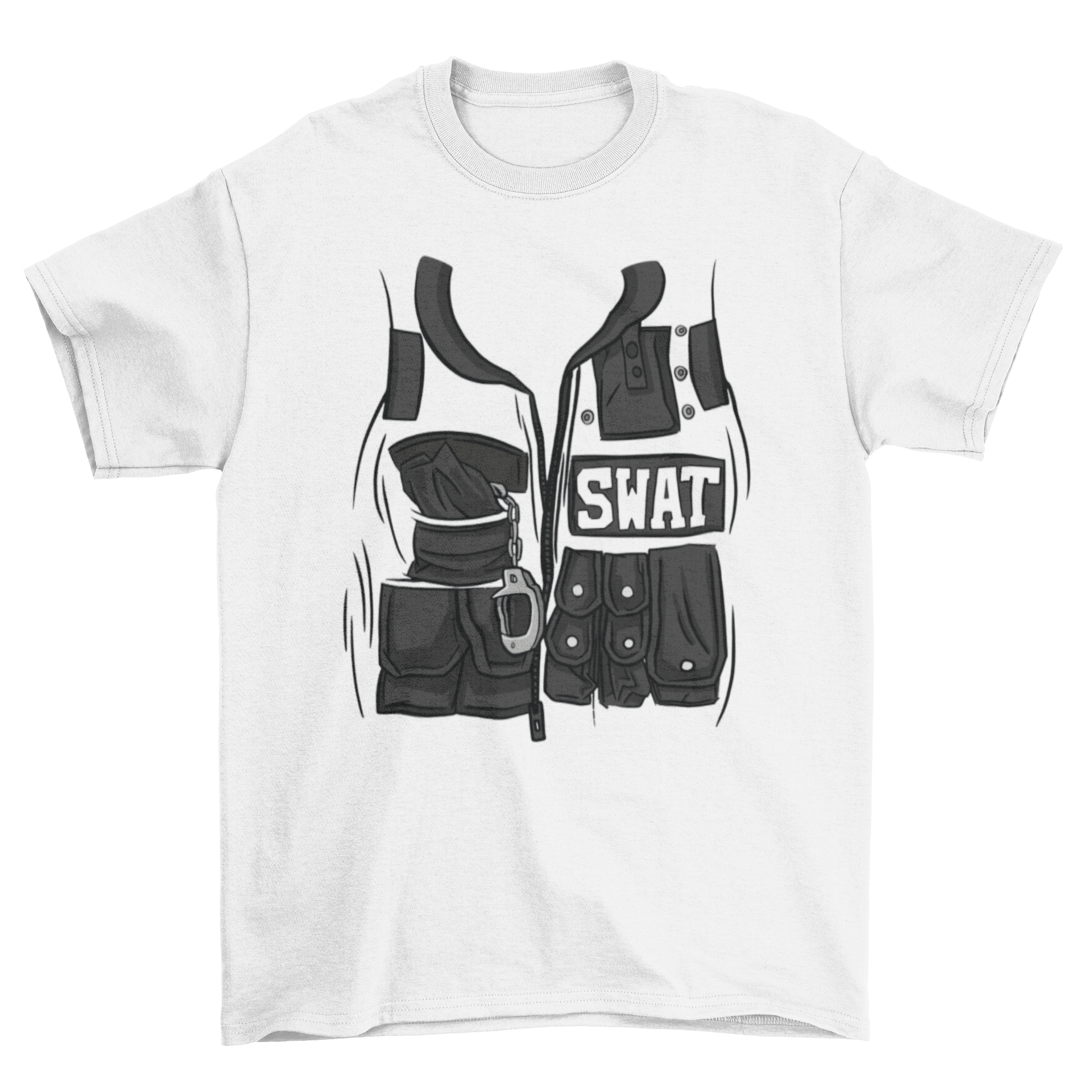 A stylish t-shirt featuring a SWAT vest design with handcuffs visible in the pockets, showcasing a unique and trendy look.