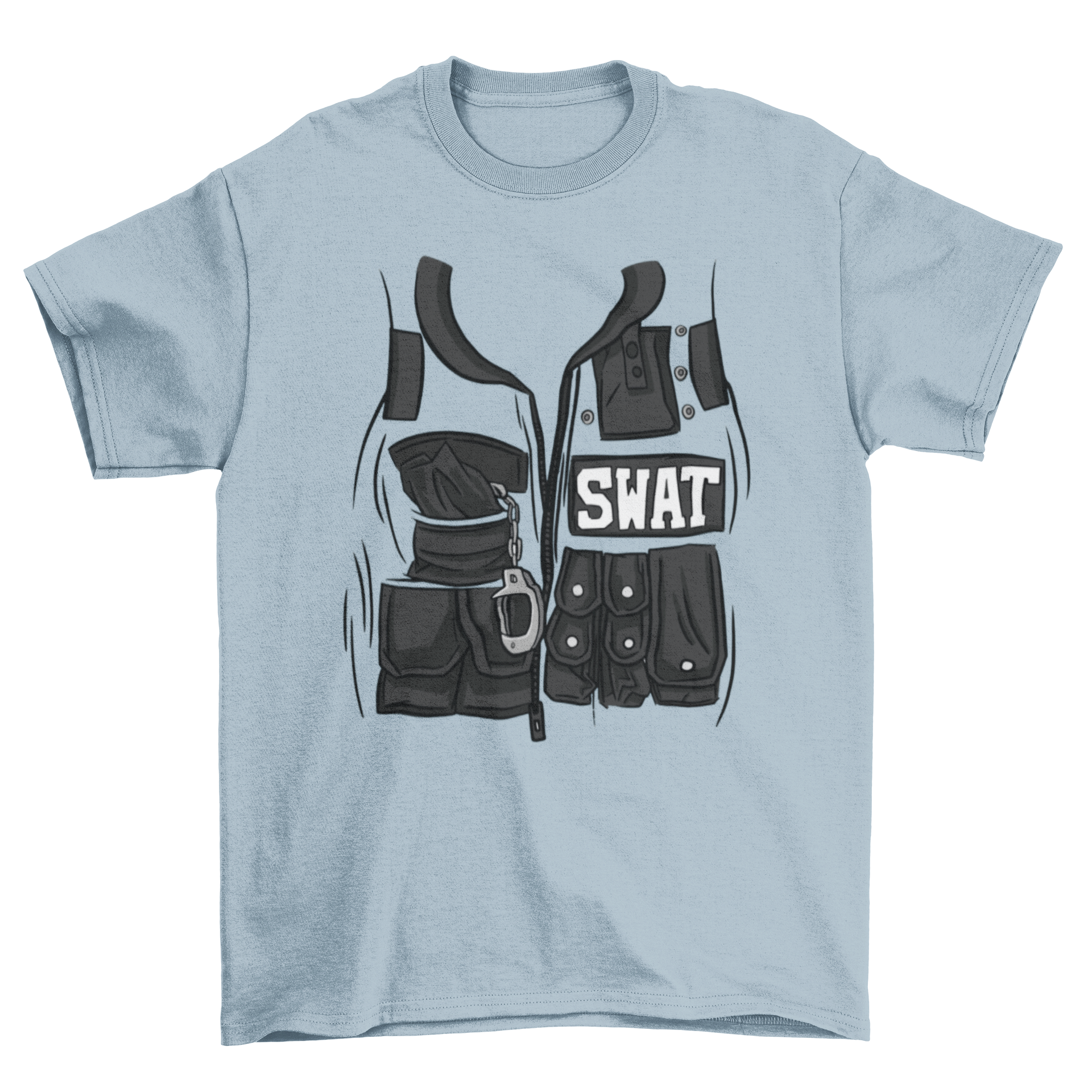 A stylish t-shirt featuring a SWAT vest design with handcuffs visible in the pockets, showcasing a unique and trendy look.