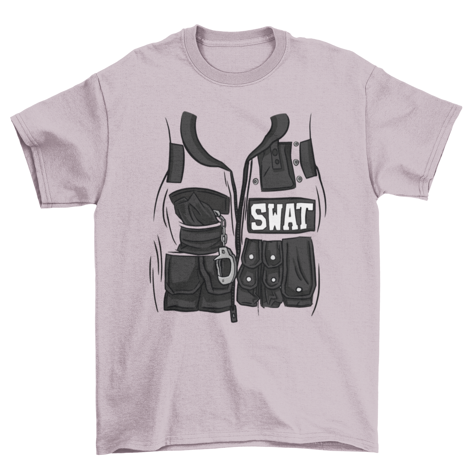 A stylish t-shirt featuring a SWAT vest design with handcuffs visible in the pockets, showcasing a unique and trendy look.