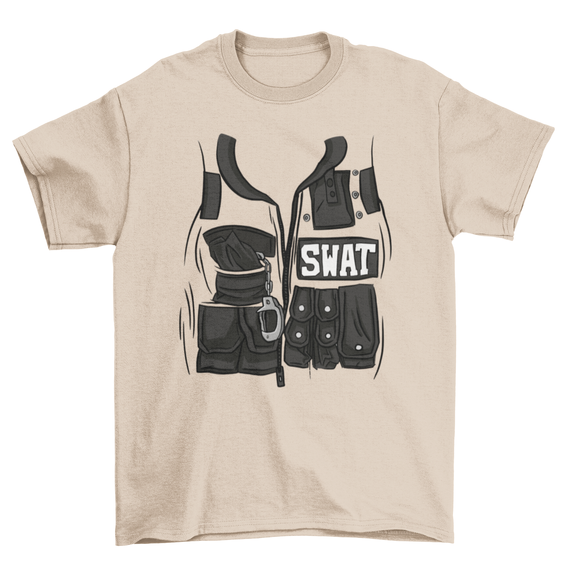 A stylish t-shirt featuring a SWAT vest design with handcuffs visible in the pockets, showcasing a unique and trendy look.