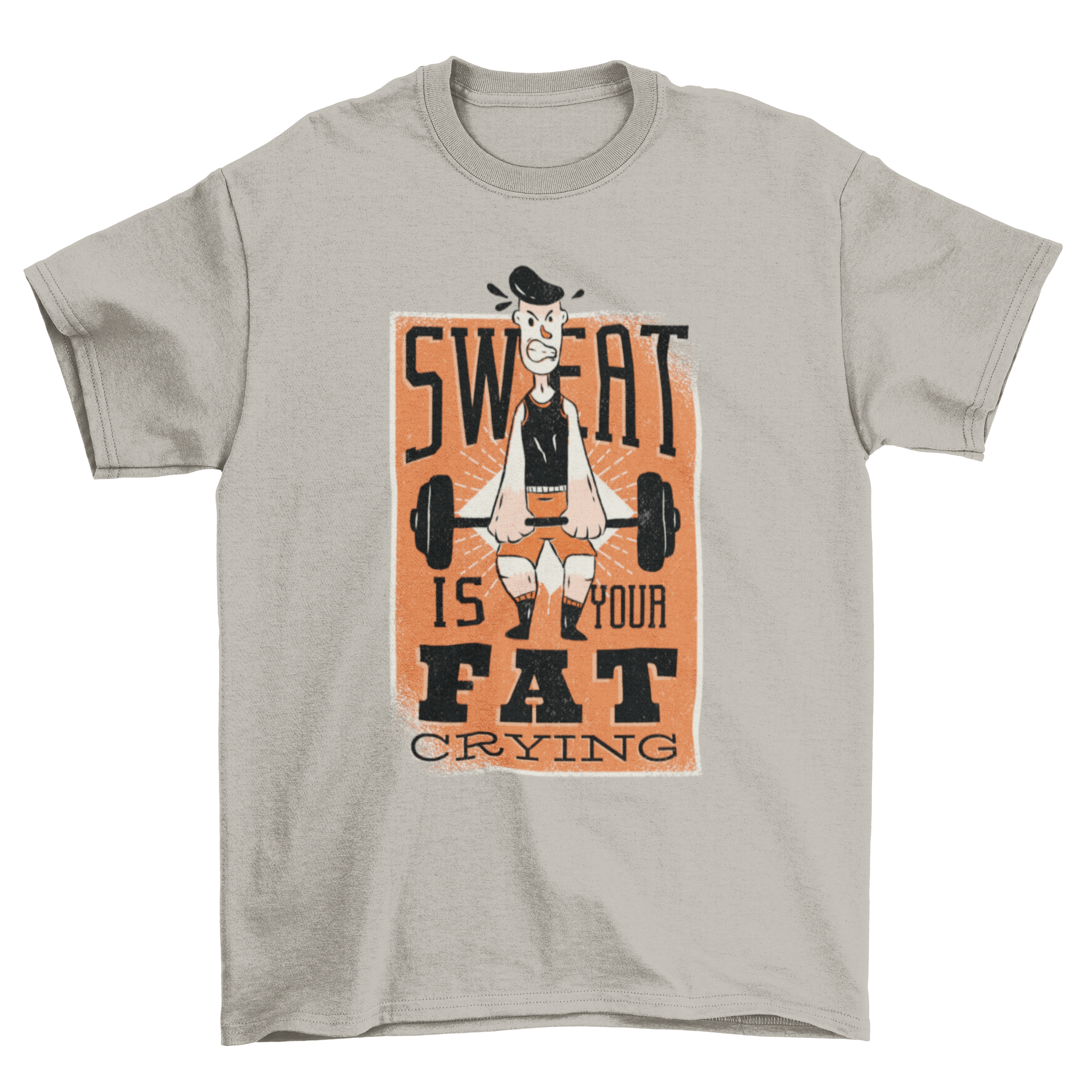 Motivational fitness t-shirt with the quote 'Sweat is your fat crying' and a vintage illustration of a man lifting weights.