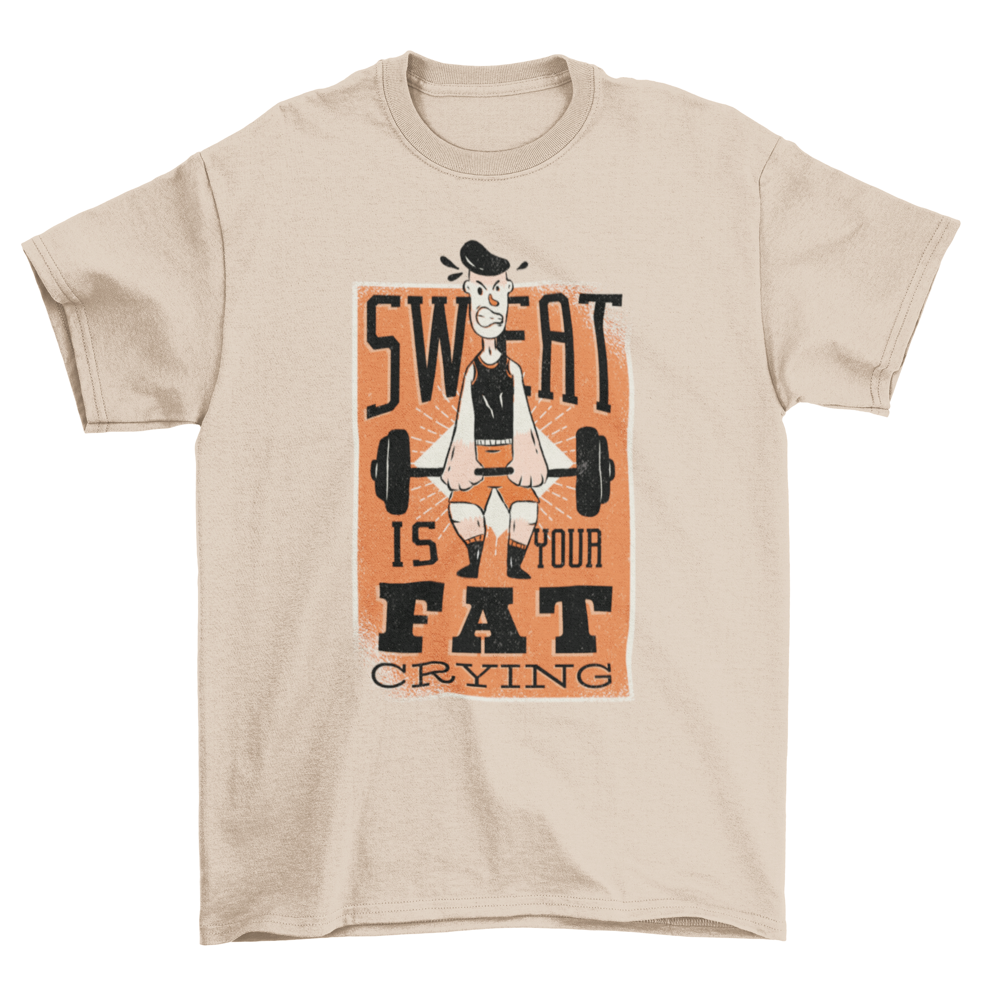 Motivational fitness t-shirt with the quote 'Sweat is your fat crying' and a vintage illustration of a man lifting weights.