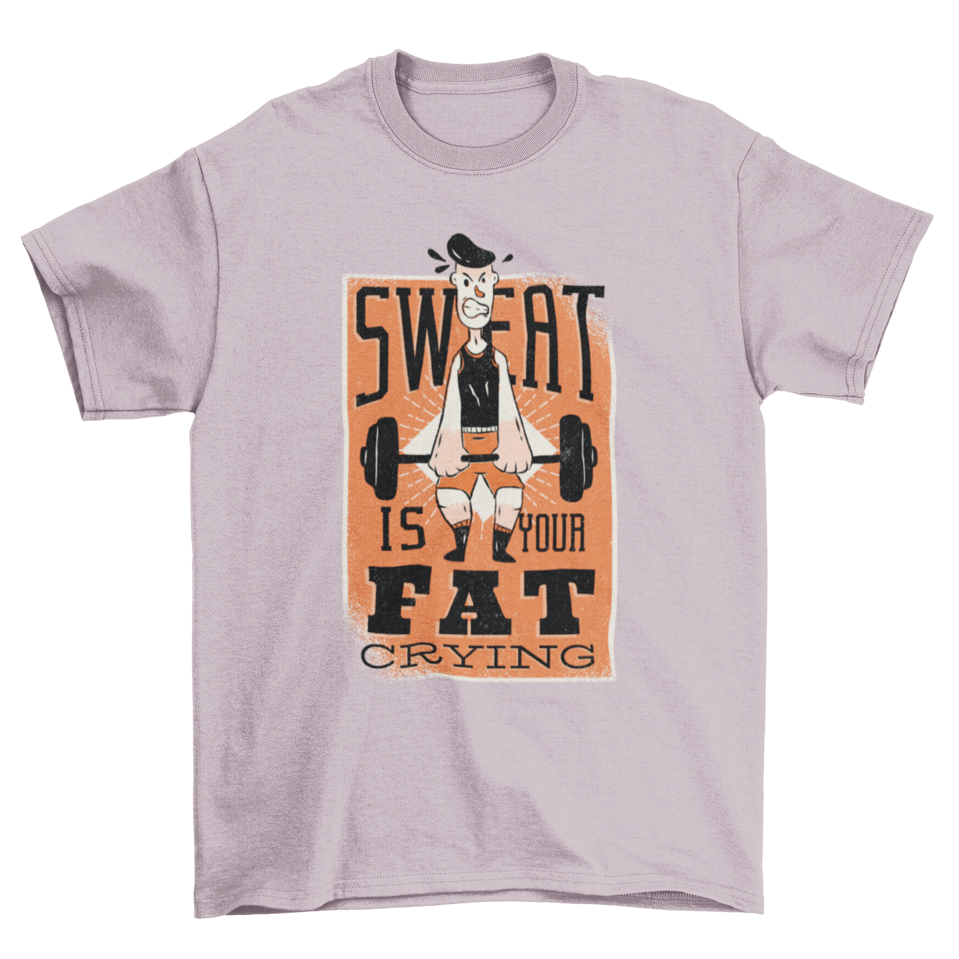 Motivational fitness t-shirt with the quote 'Sweat is your fat crying' and a vintage illustration of a man lifting weights.