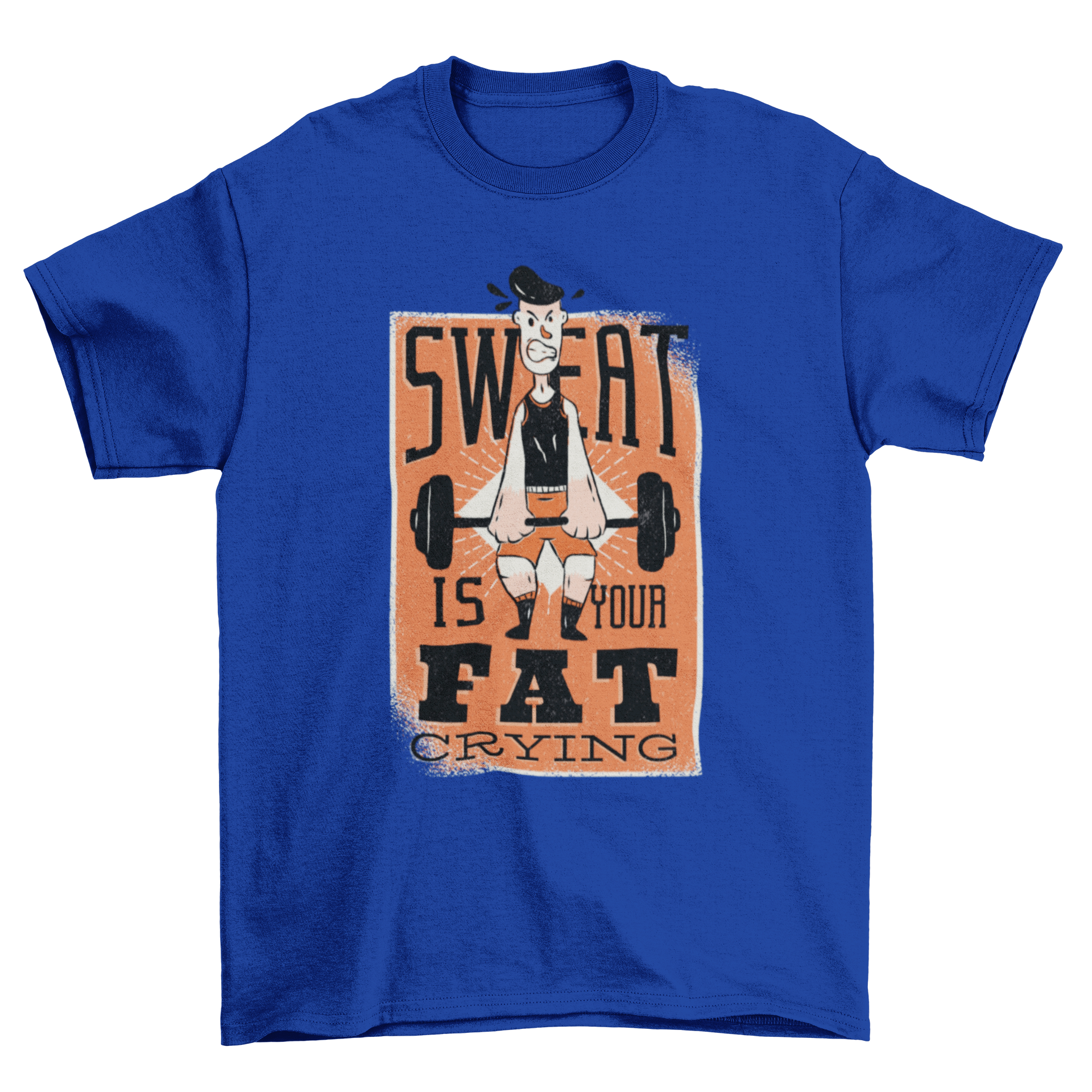 Motivational fitness t-shirt with the quote 'Sweat is your fat crying' and a vintage illustration of a man lifting weights.