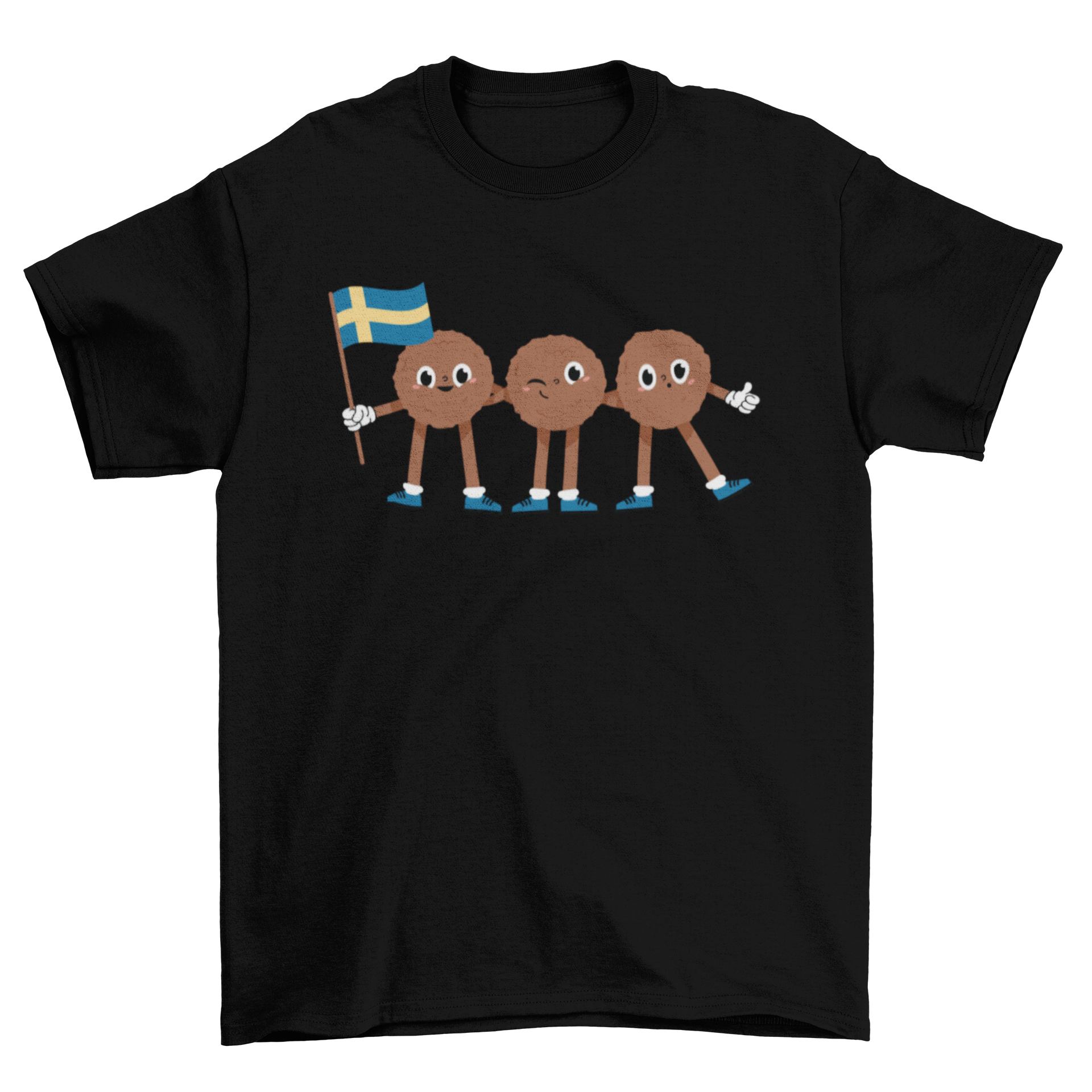 A playful T-shirt design featuring three cute meatballs, one holding a Swedish flag, showcasing a fun and quirky food theme.