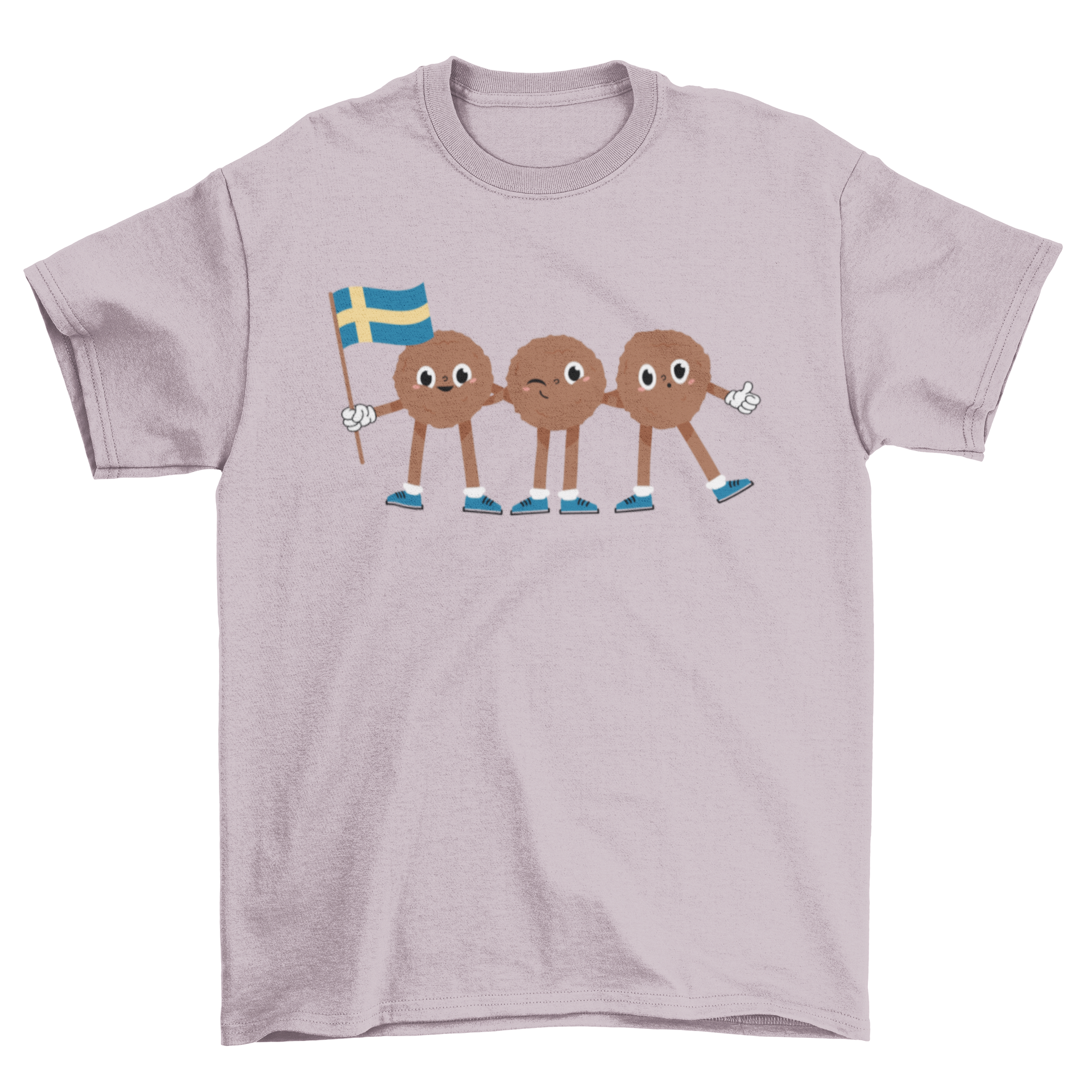 A playful T-shirt design featuring three cute meatballs, one holding a Swedish flag, showcasing a fun and quirky food theme.