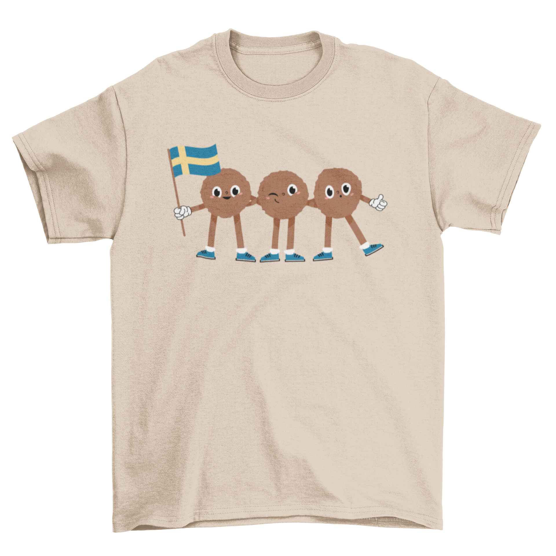 A playful T-shirt design featuring three cute meatballs, one holding a Swedish flag, showcasing a fun and quirky food theme.