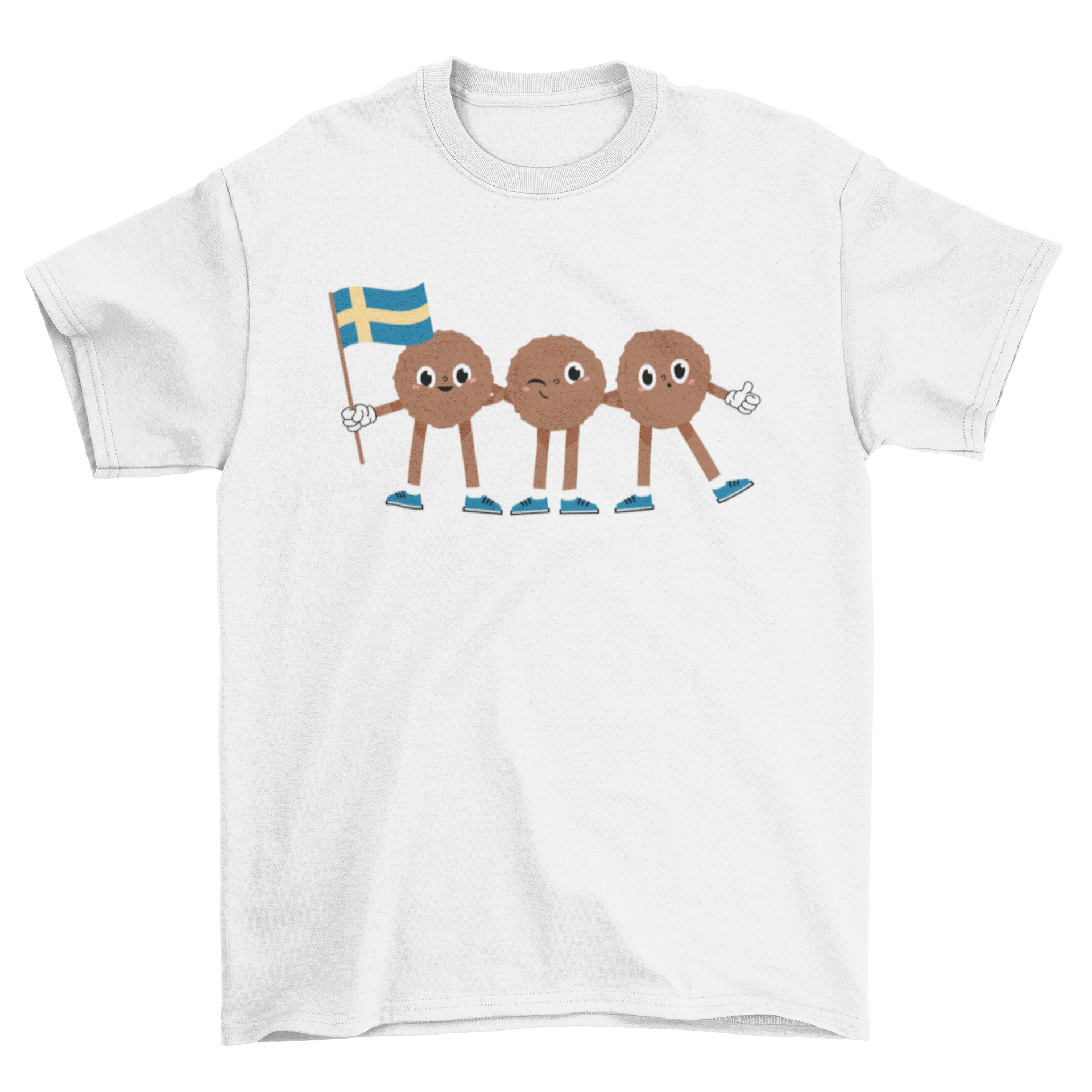 A playful T-shirt design featuring three cute meatballs, one holding a Swedish flag, showcasing a fun and quirky food theme.