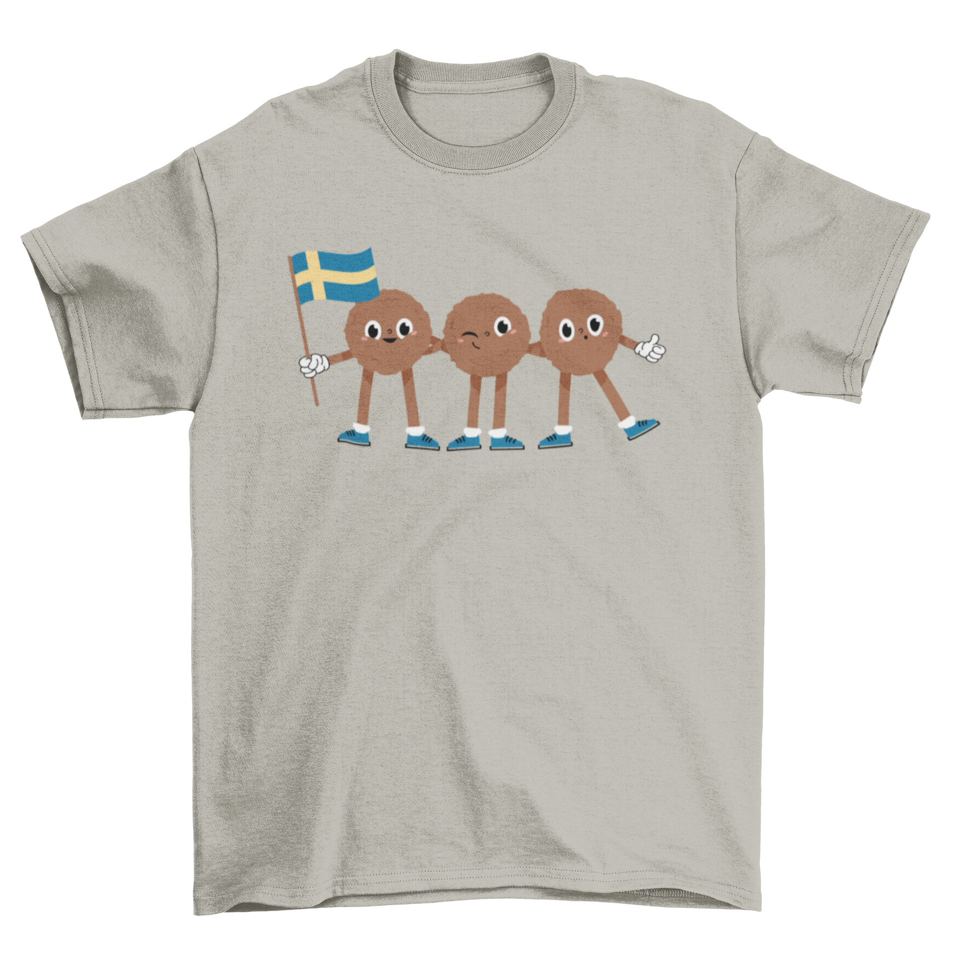 A playful T-shirt design featuring three cute meatballs, one holding a Swedish flag, showcasing a fun and quirky food theme.